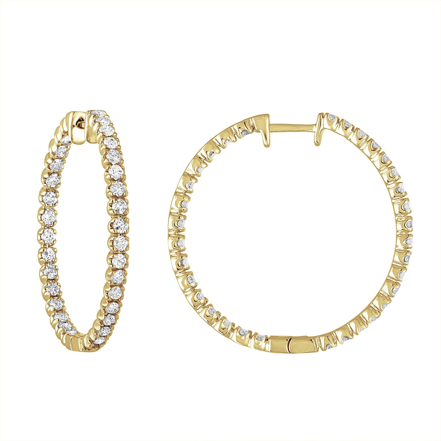 2 cttw Diamond Inside Out Hoop Earrings 14K Yellow Gold Round Prong 1.25 Inch