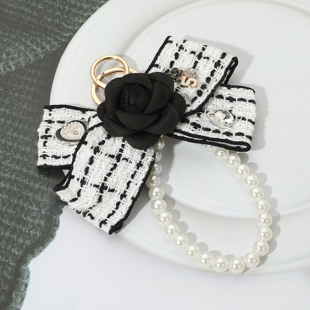 Stone Cluster Embellished Floral Tweed Bow Pearl Wristlet Keychain / Bag Charm