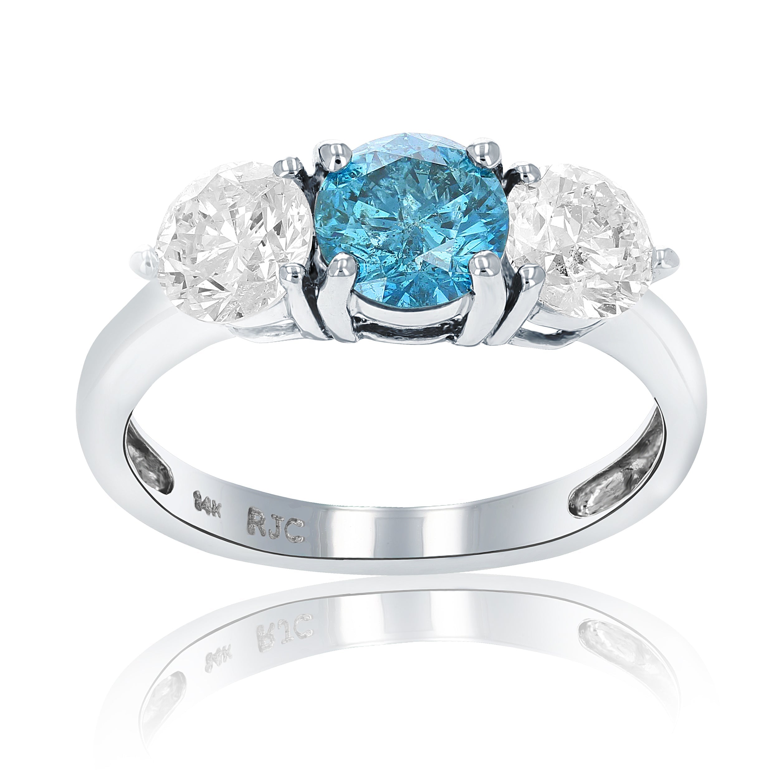 2 cttw 3 Stone Blue and White Diamond Engagement Ring 14K White Gold
