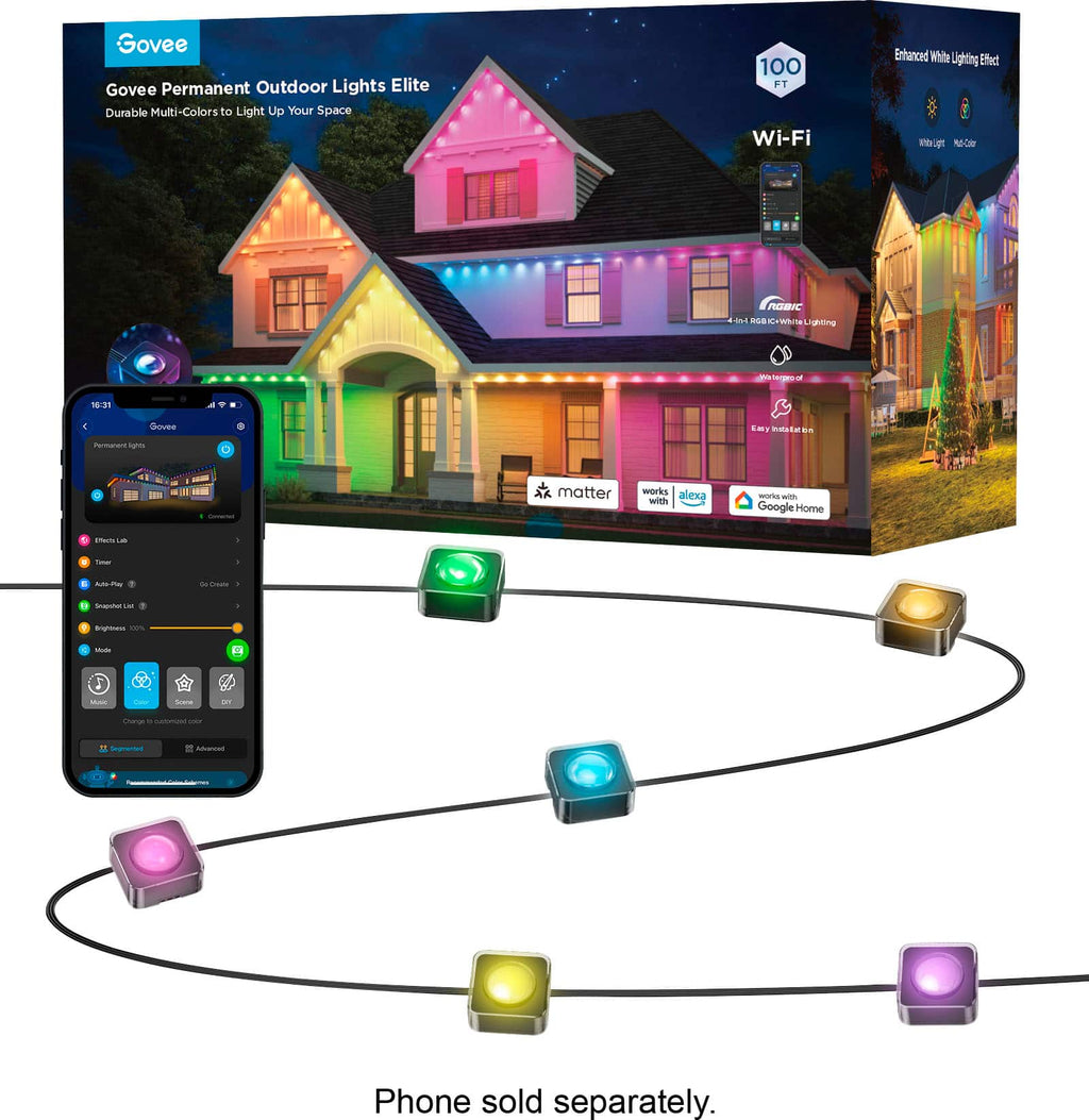 Govee - Wi-Fi RGBIC Outdoor Permanent String Lights 100ft - Black