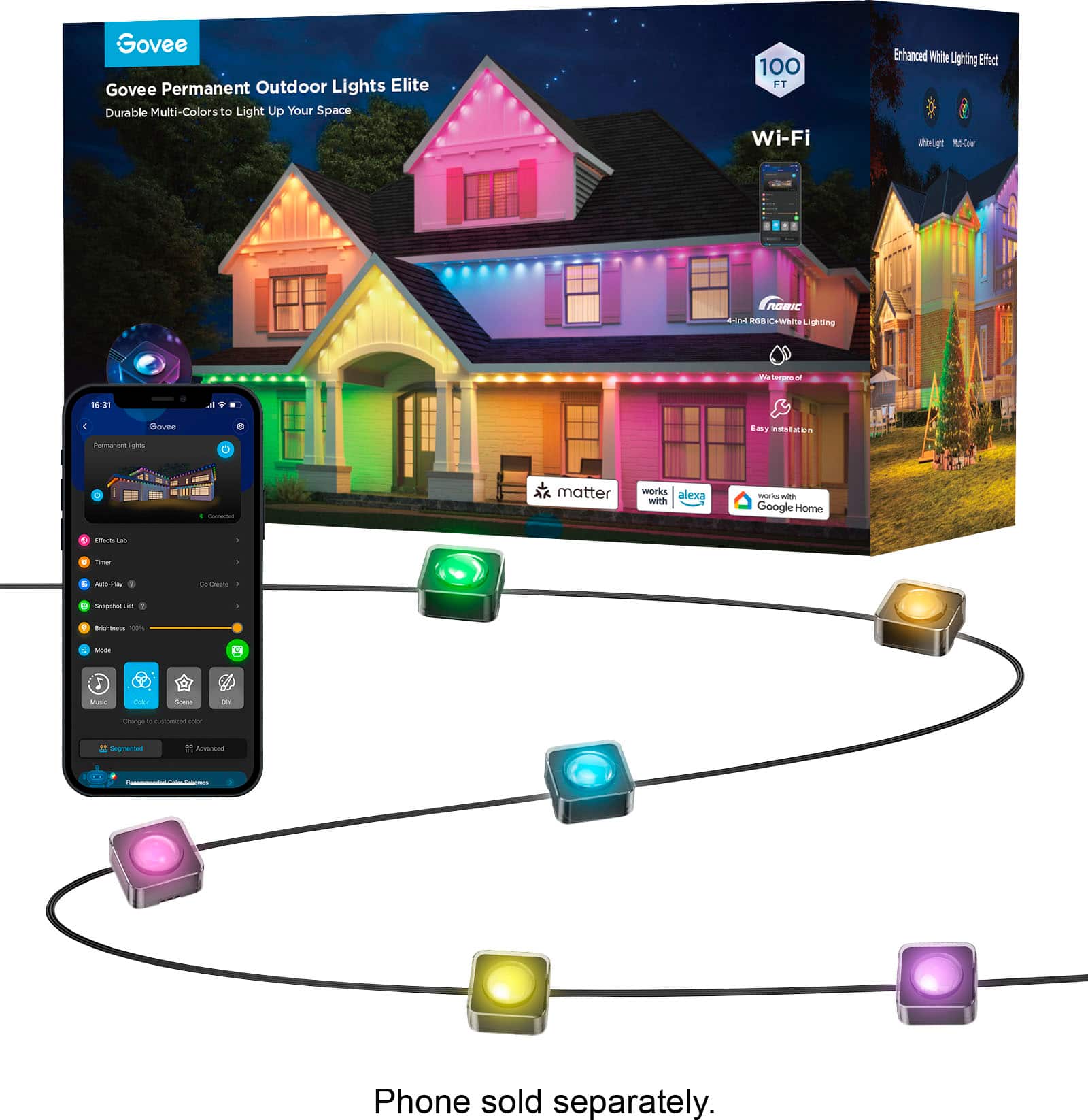 Govee - Wi-Fi RGBIC Outdoor Permanent String Lights 100ft - Black
