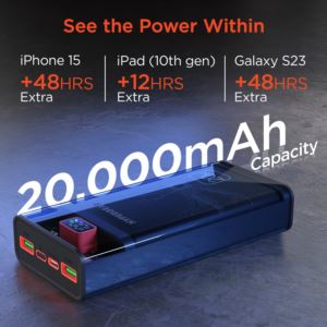 HYPERCEL 15827 Hypergear 20,000mAh ClearCharge XL Transparent Fast Charge Power Bank with 20W USB-C PD