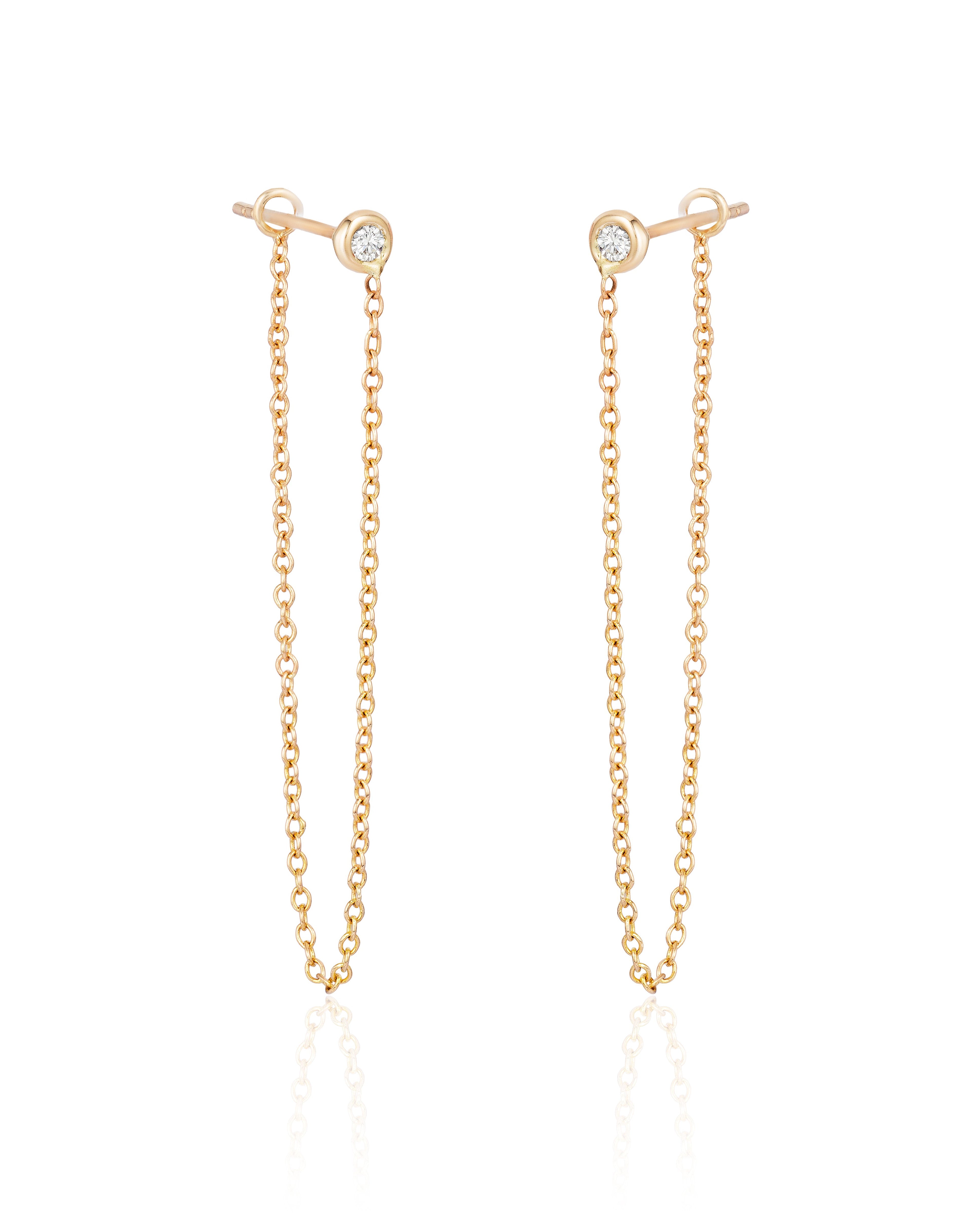 Bezel-Set Diamond Chain Earrings (3" drop) Yellow Gold