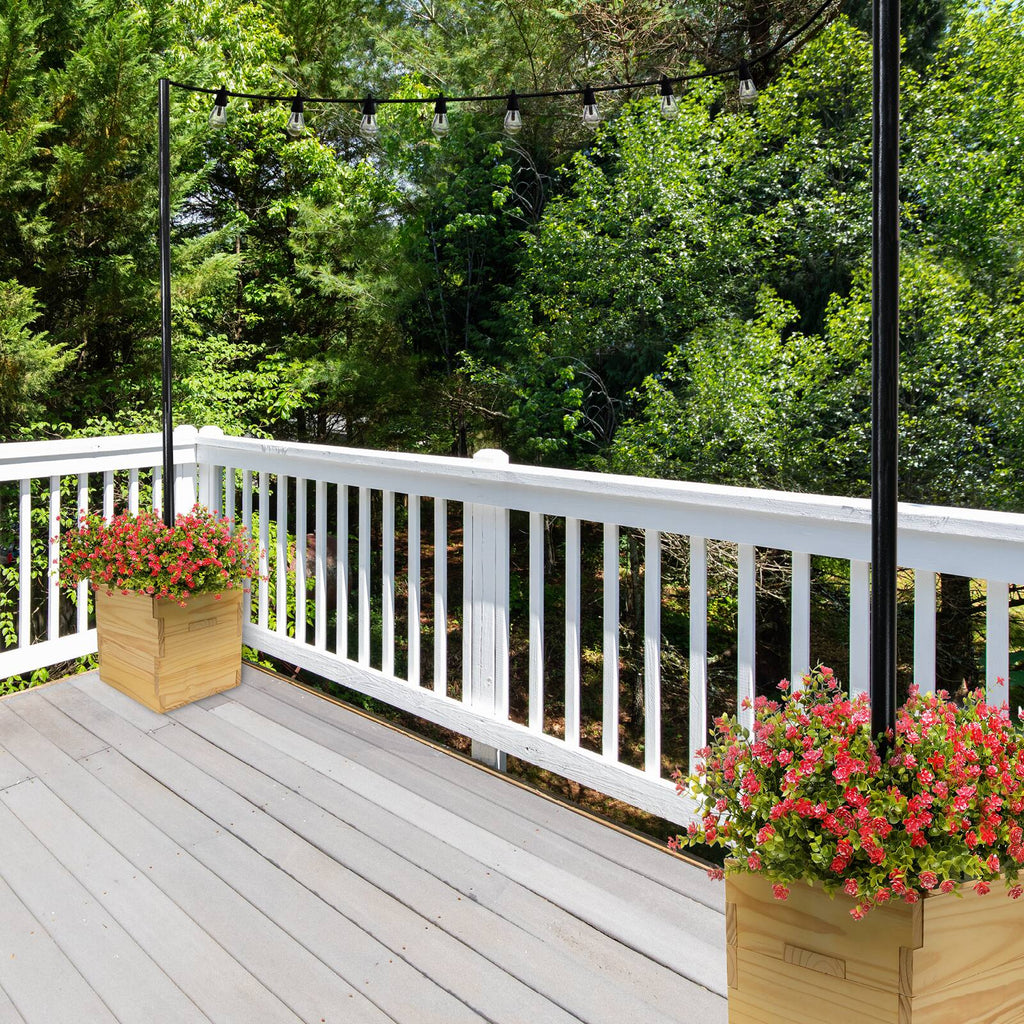 Excello Global Products - Large 14"x14"x14" Wooden Planter Box and String Light Pole Set - Brown