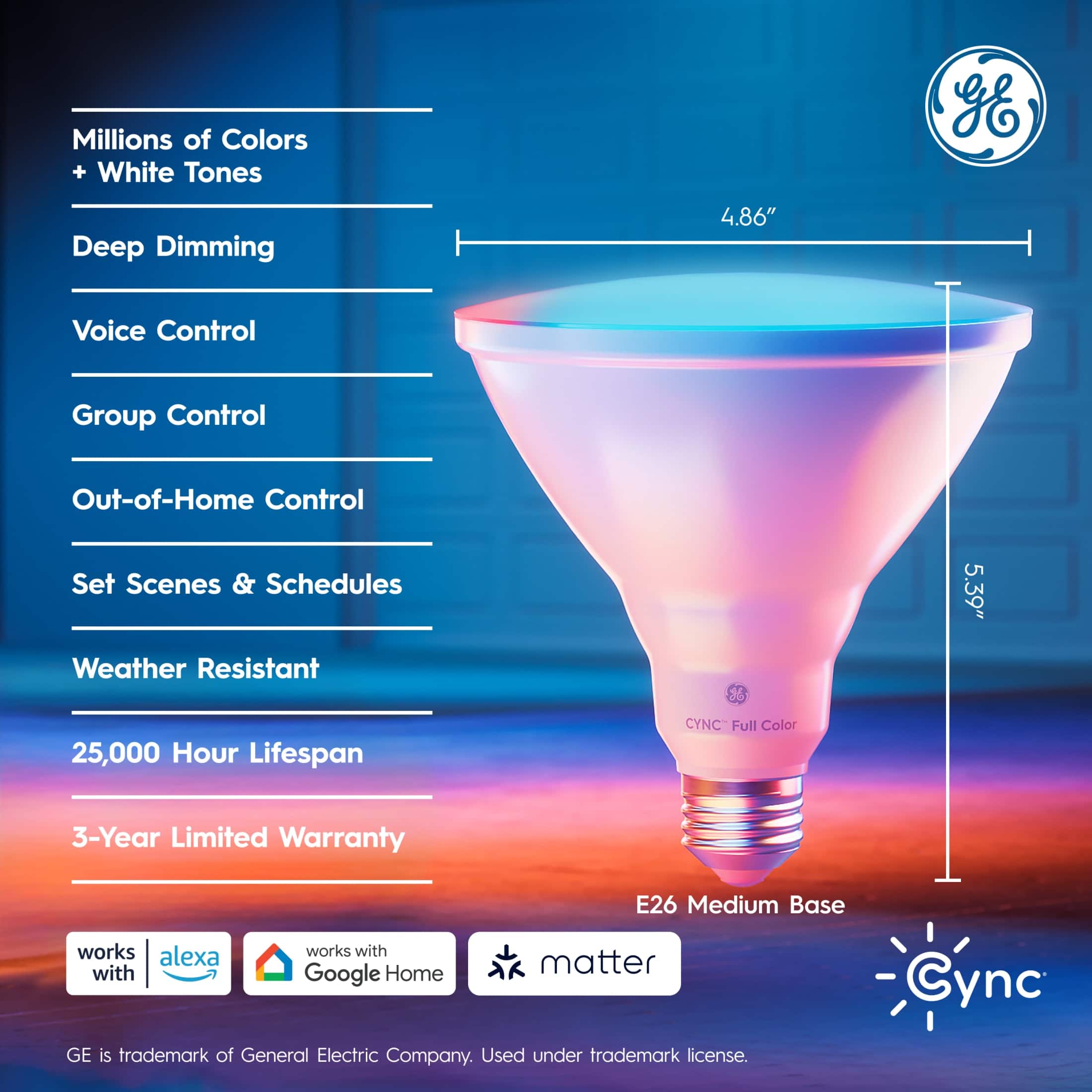 Cync - PAR38 LED Light Bulb, Matter Compatible, Color Changing, 1pk - Full Color