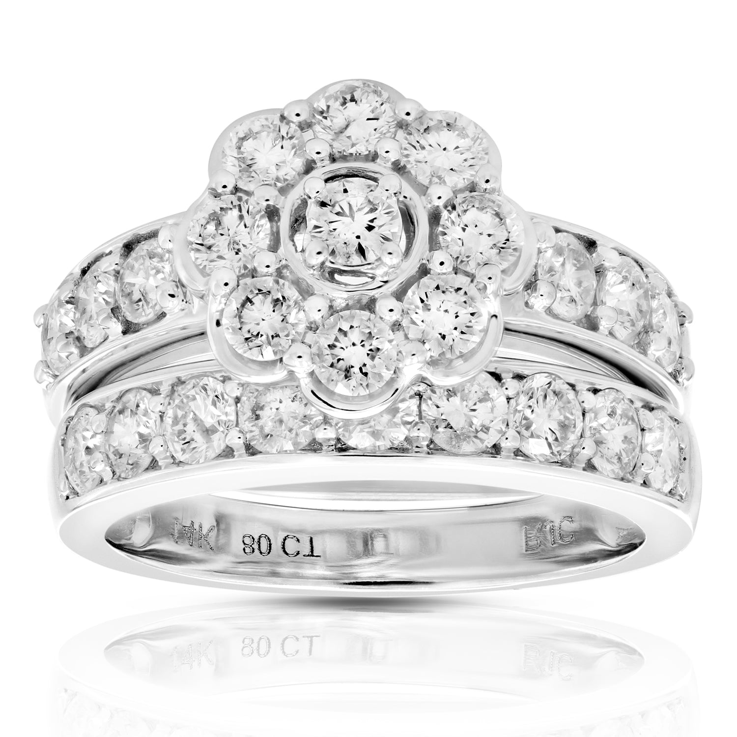 2 cttw Diamond Bridal Ring Set Cluster Flower Composite 14K White Gold Wedding