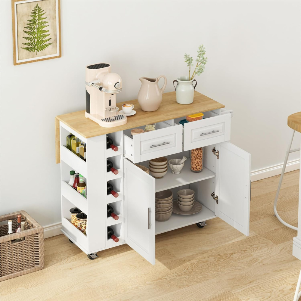 Hivvago Multi-Functional Kitchen Island Cart With Cabinet, Drawers, Spice Rack, Towel Holder, Wine Rack, And Foldable Table Top