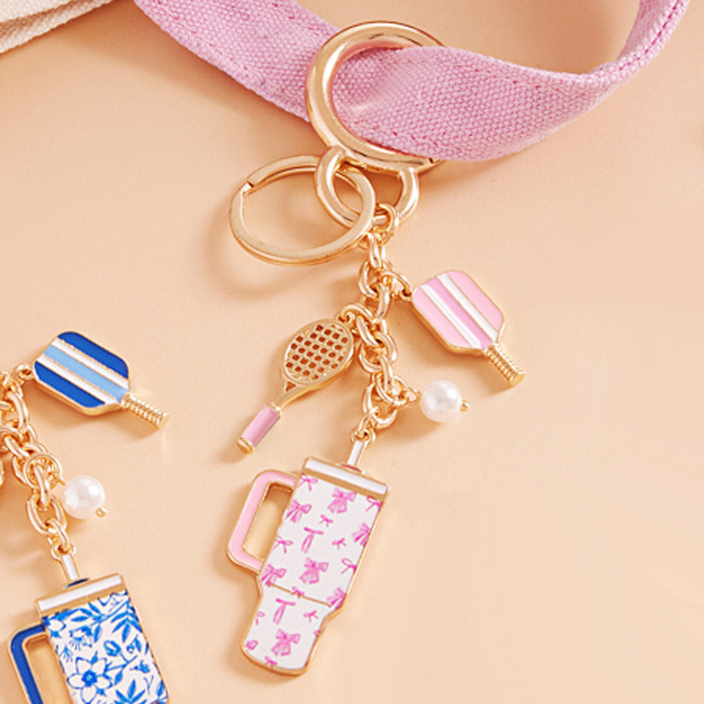 Enamel Pickleball Paddle Bow Pattern Tumbler Back Engraved Keychain / Bag Charm