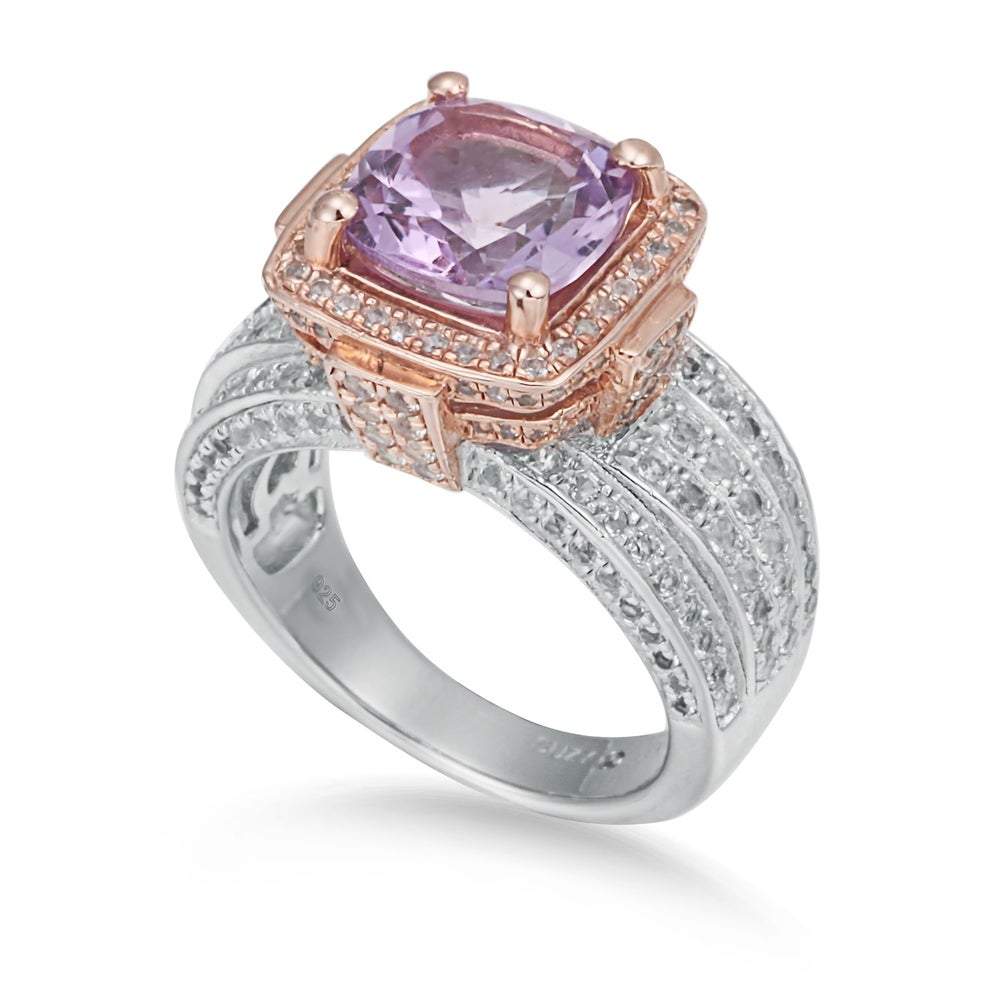Suzy Levian Sterling Silver Cushion Purple Amethyst 5.05 cttw Ring