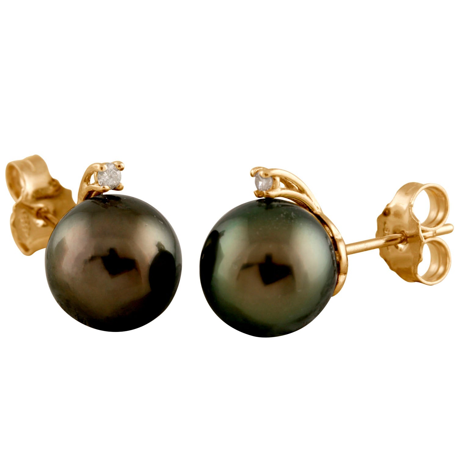 14k Gold Diamond Accented Tahitian Pearl Stud Earrings