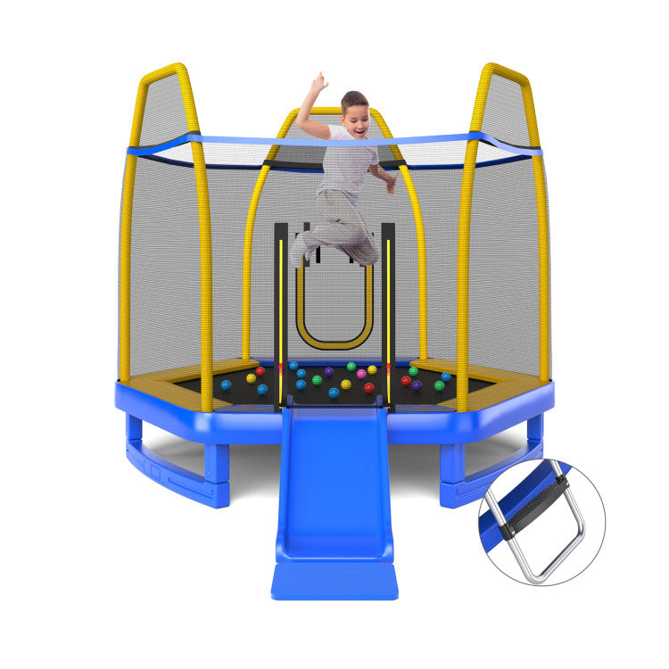 Hivvago 7 Feet Trampoline With Ladder And Slide For Indoor And Outdoor-Blue