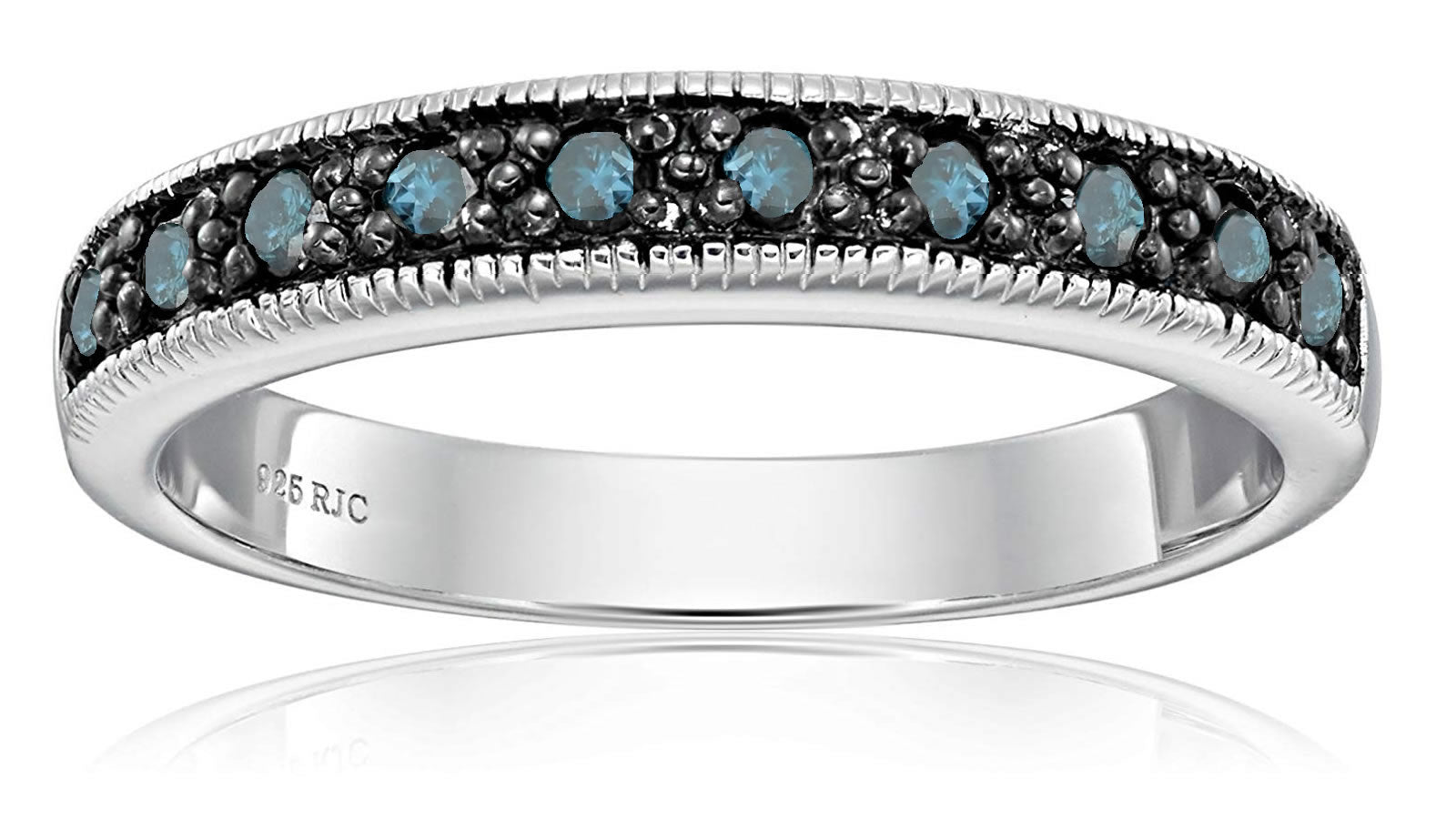 1/4 cttw Blue Diamond Ring .925 Sterling Silver with Milgrain and Black Rhodium