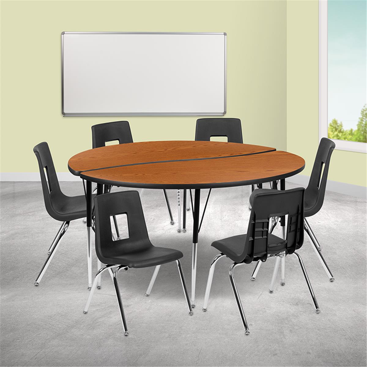 Flash Furniture  60 in. Circle Wave Flexible Laminate Activity Table Set with 16 in. Student Stack Chairs Oak & Black