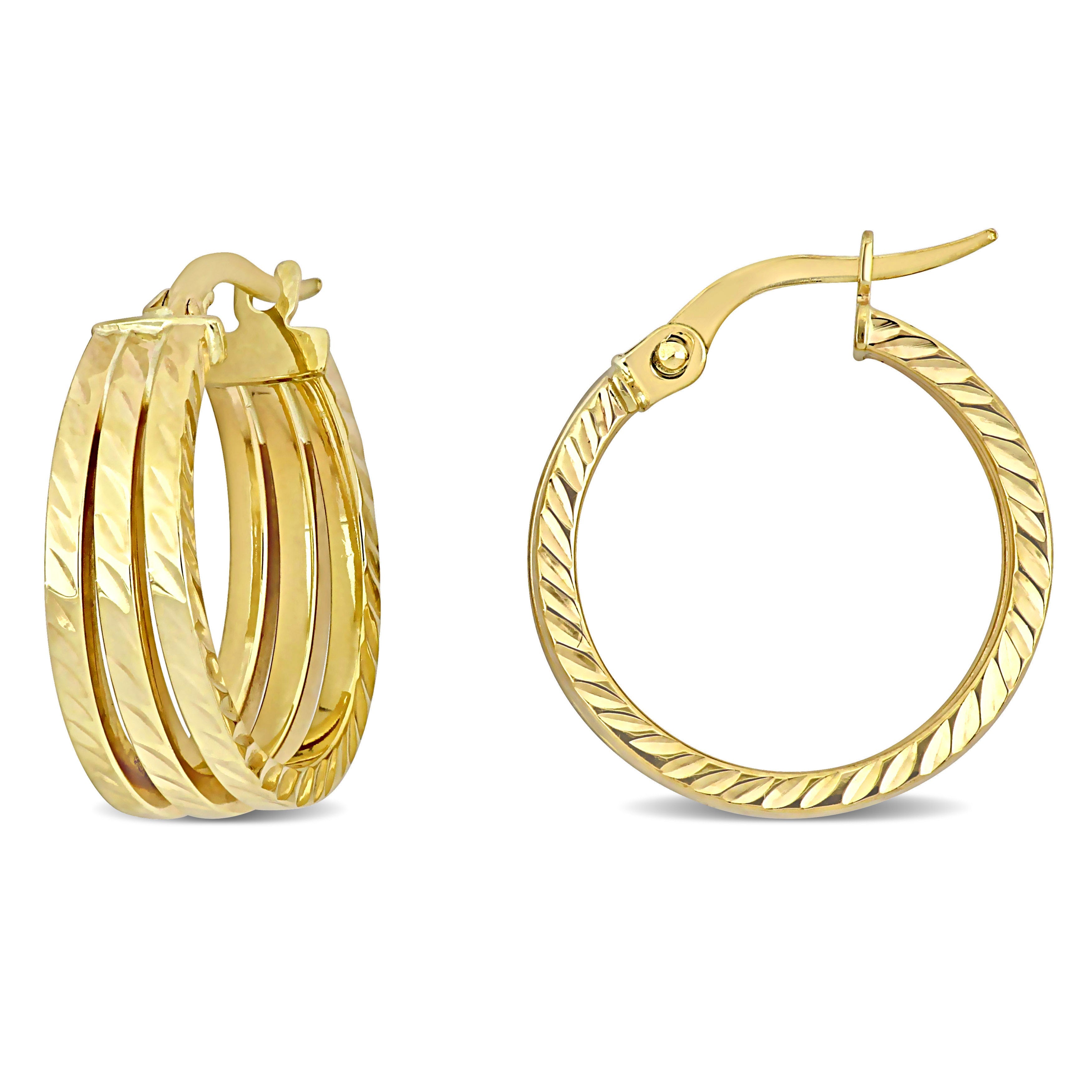 19 MM Triple Row Textured Hoop Earrings in 14K Yellow Gold