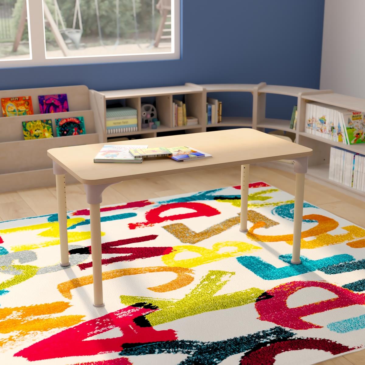 Flash Furniture  23.5 x 47 in. Bright Beginnings Commercial Grade Wooden Rectangle Adjustable Height Classroom Activity Table - Metal Legs Adjust From 15-23 in., Beech