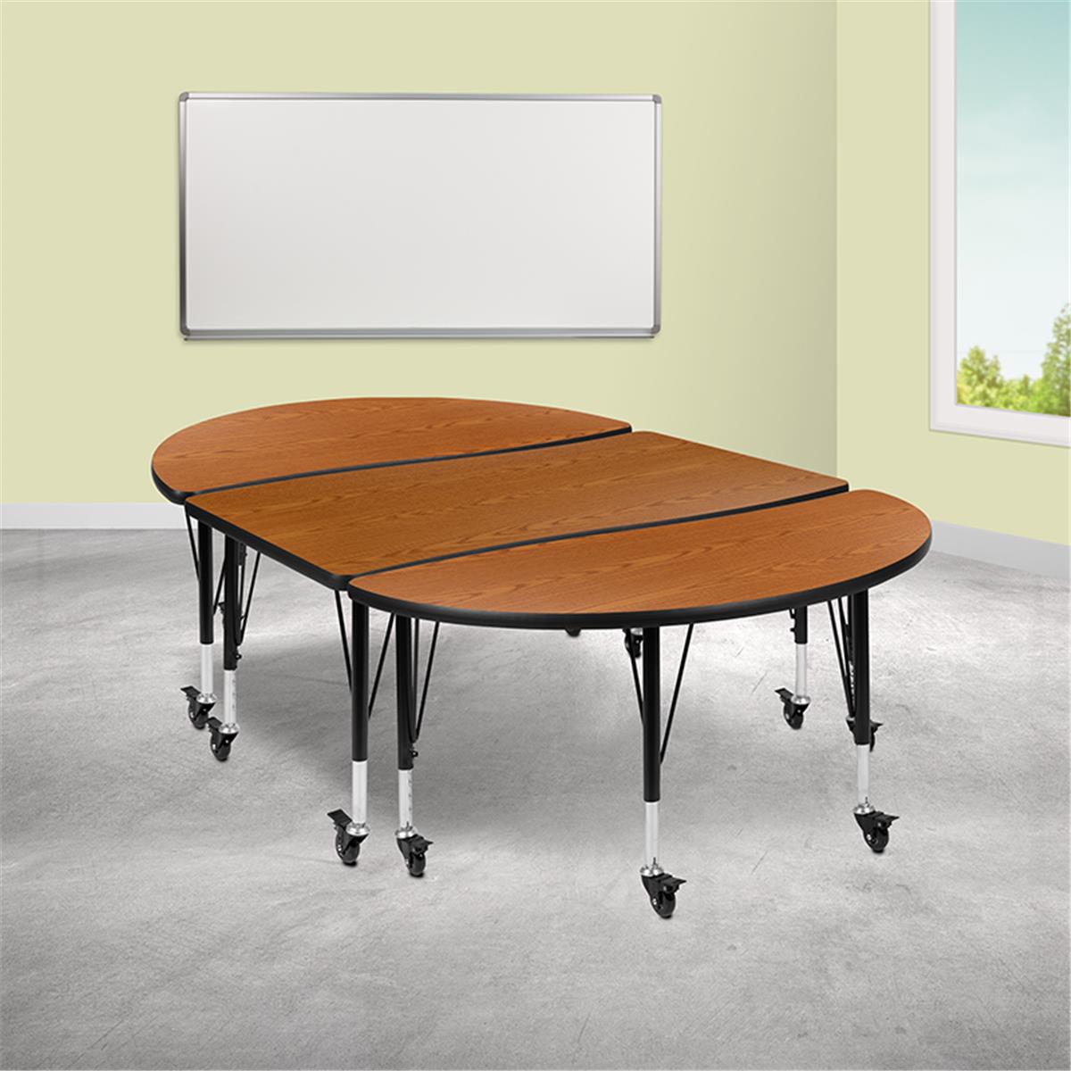 Flash Furniture  76 in. Mobile Oval Wave Flexible Thermal Laminate Activity Table Set with Height Adjustable Short Legs, Oak - 3 Piece