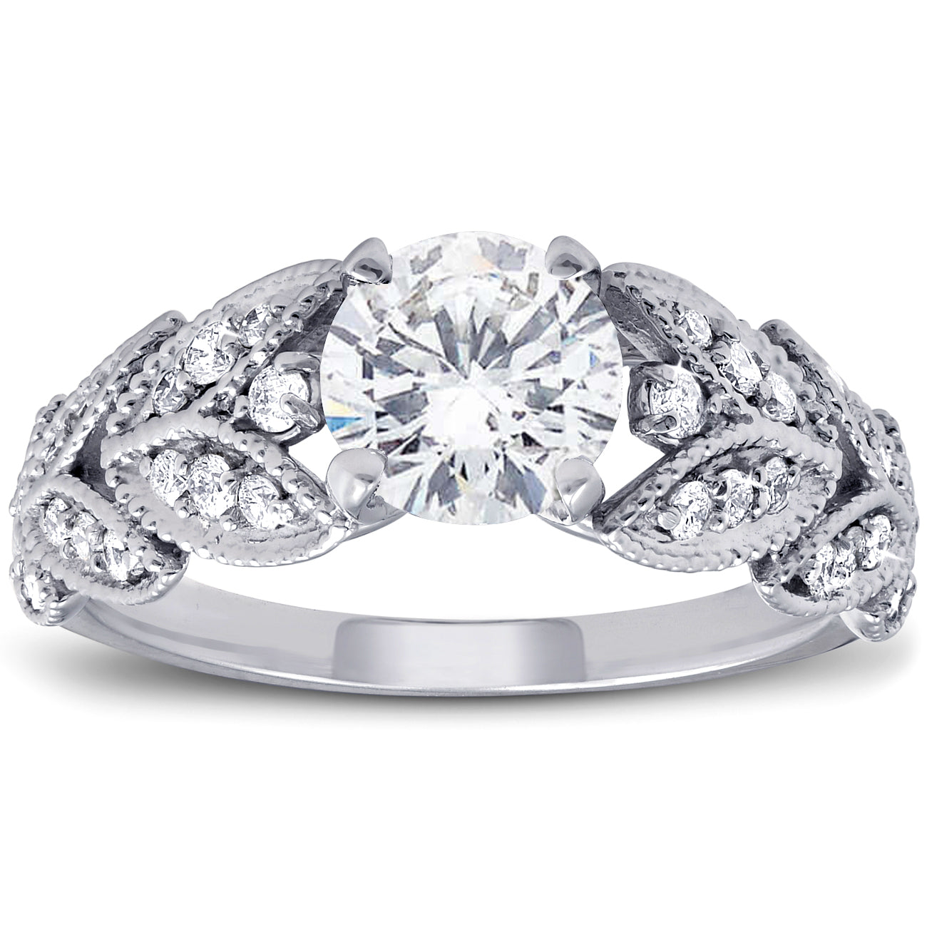 1ct Diamond Engagement Ring Vintage Petal Vine Leaf Band 14k White Gold