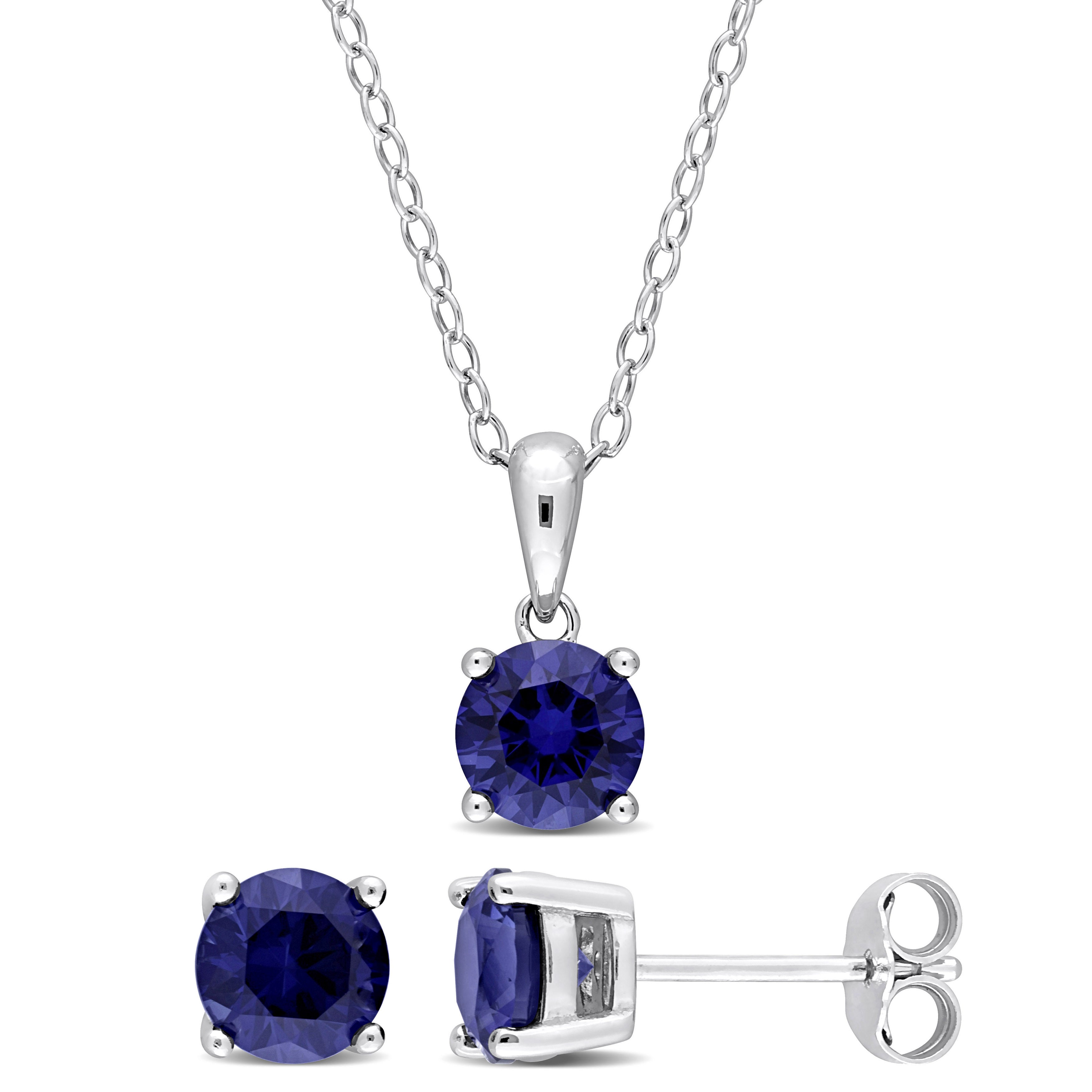 3 CT TGW Round Created Blue Sapphire 2-Piece Set of Pendant with Chain and Earrings in Sterling Silver