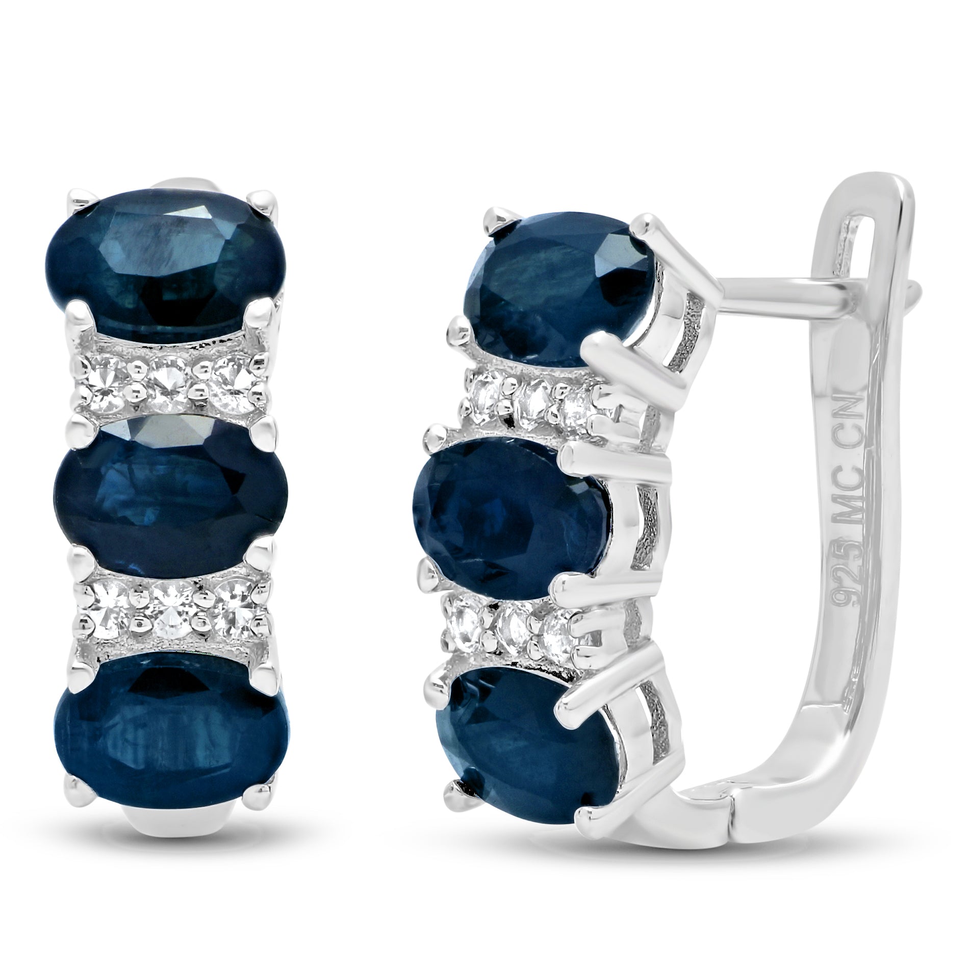 Sterling Silver Oval Genuine Gemstone and White Topaz J Hoop Earrings