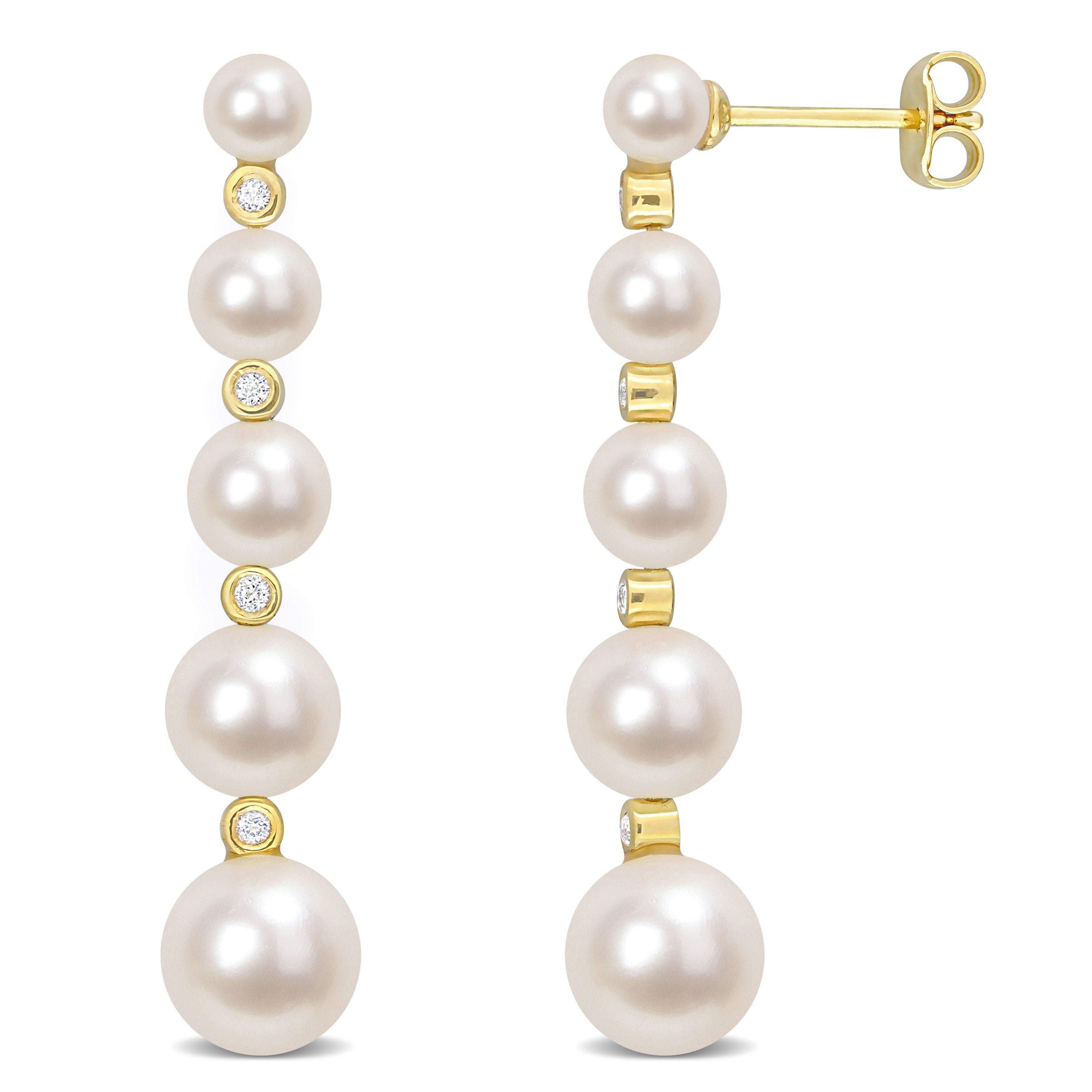 Freshwater Cultured Pearl and 1/4 CT TGW White Topaz Graduated Dangle Earrings in Yellow Plated Sterling Silver