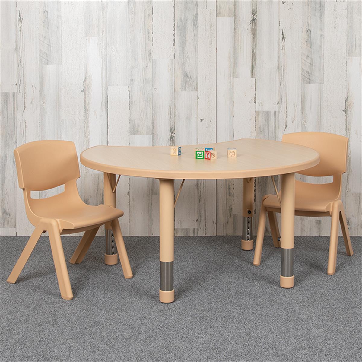 Flash Furniture  25.125 x 35.5 in. Crescent Plastic Height Adjustable Activity Table Set with 2 Chairs, Natural Color