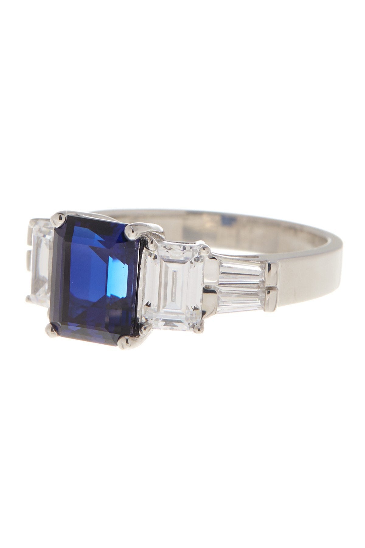 Sterling Silver Emerald Cut Blue Sapphire CZ 3-Stone Ring