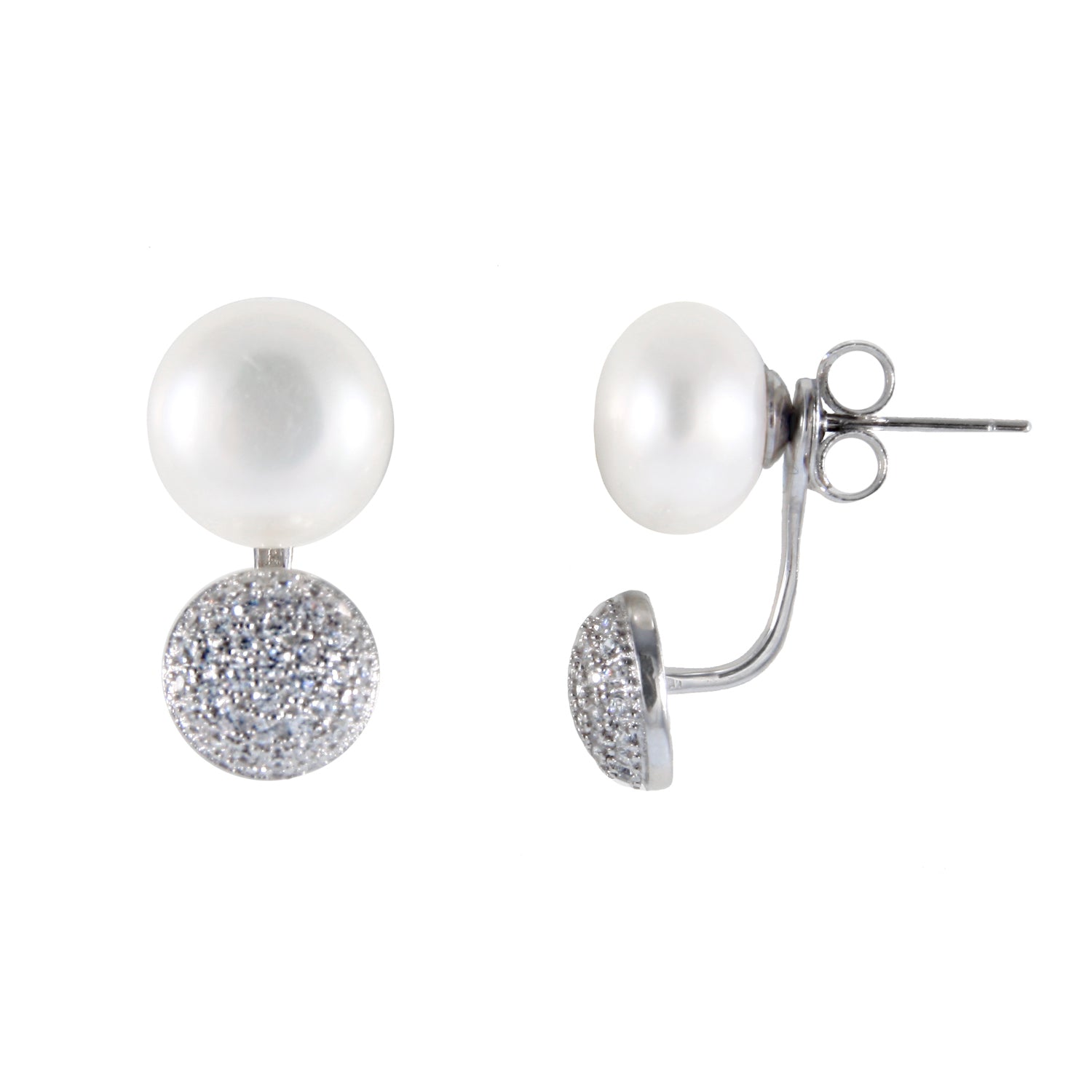 CZ Earring Jackets With White Freshwater Pearls