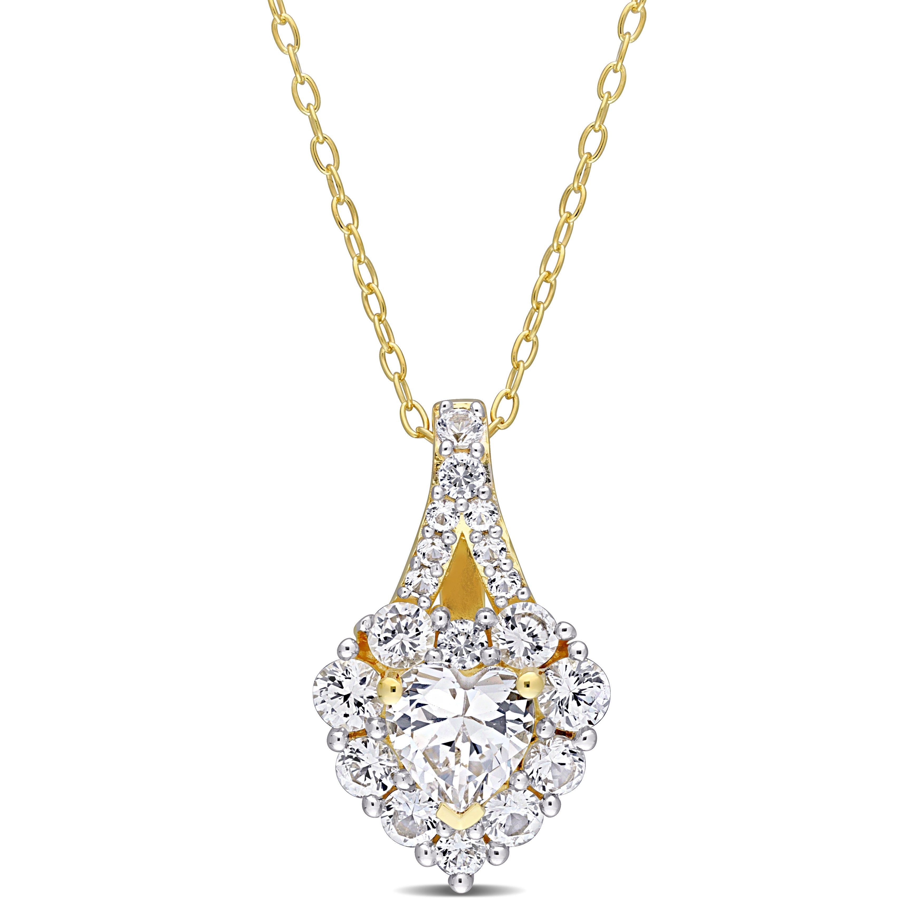 2 7/8 CT TGW Created White Sapphire Halo Heart Pendant With Chain in Yellow Plated Sterling Silver