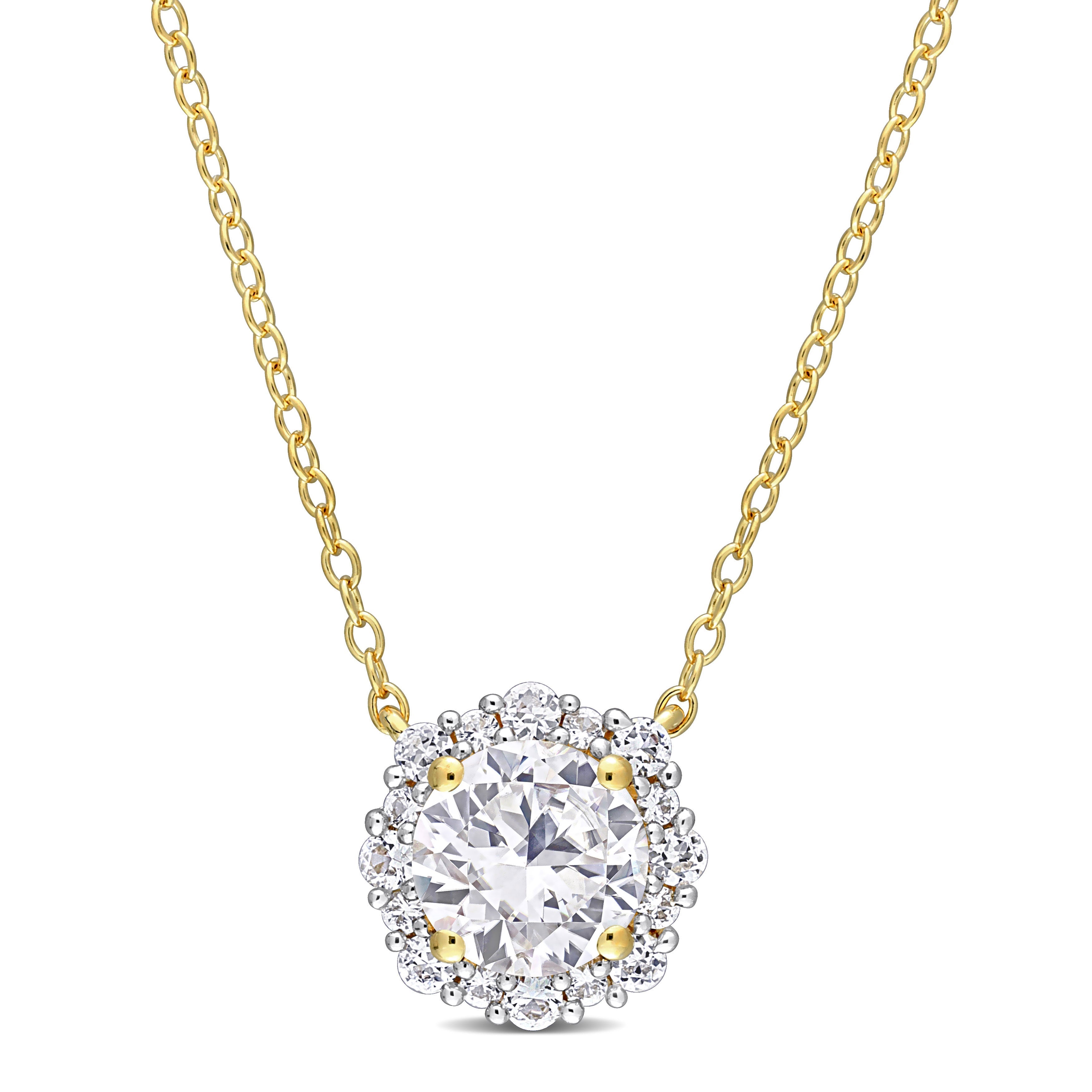 1 7/8 CT TGW Created White Sapphire Halo Necklace in Yellow Plated Sterling Silver