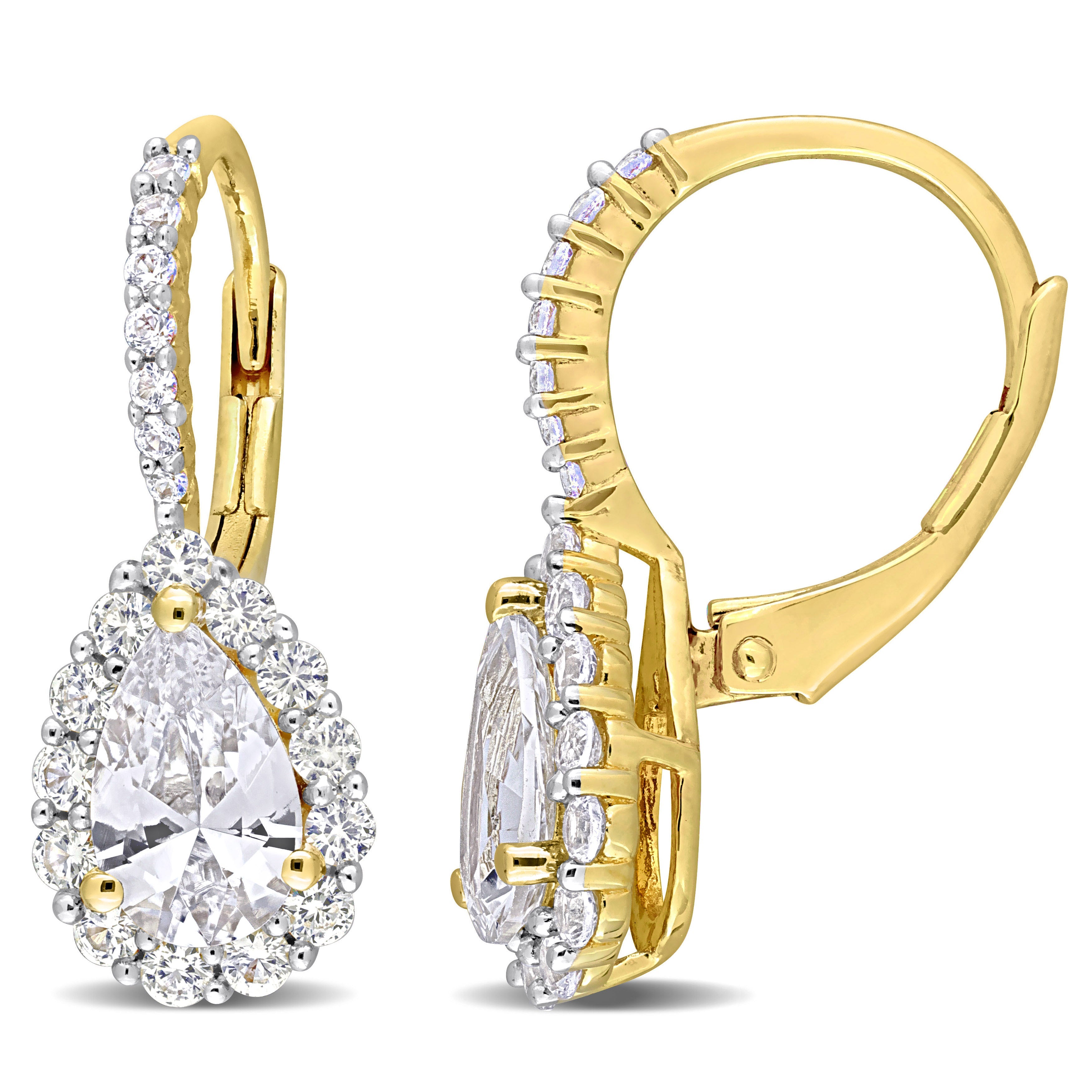 3 5/8 CT TGW Created White Sapphire Teardrop Leverback Earrings in Yellow Plated Sterling Silver