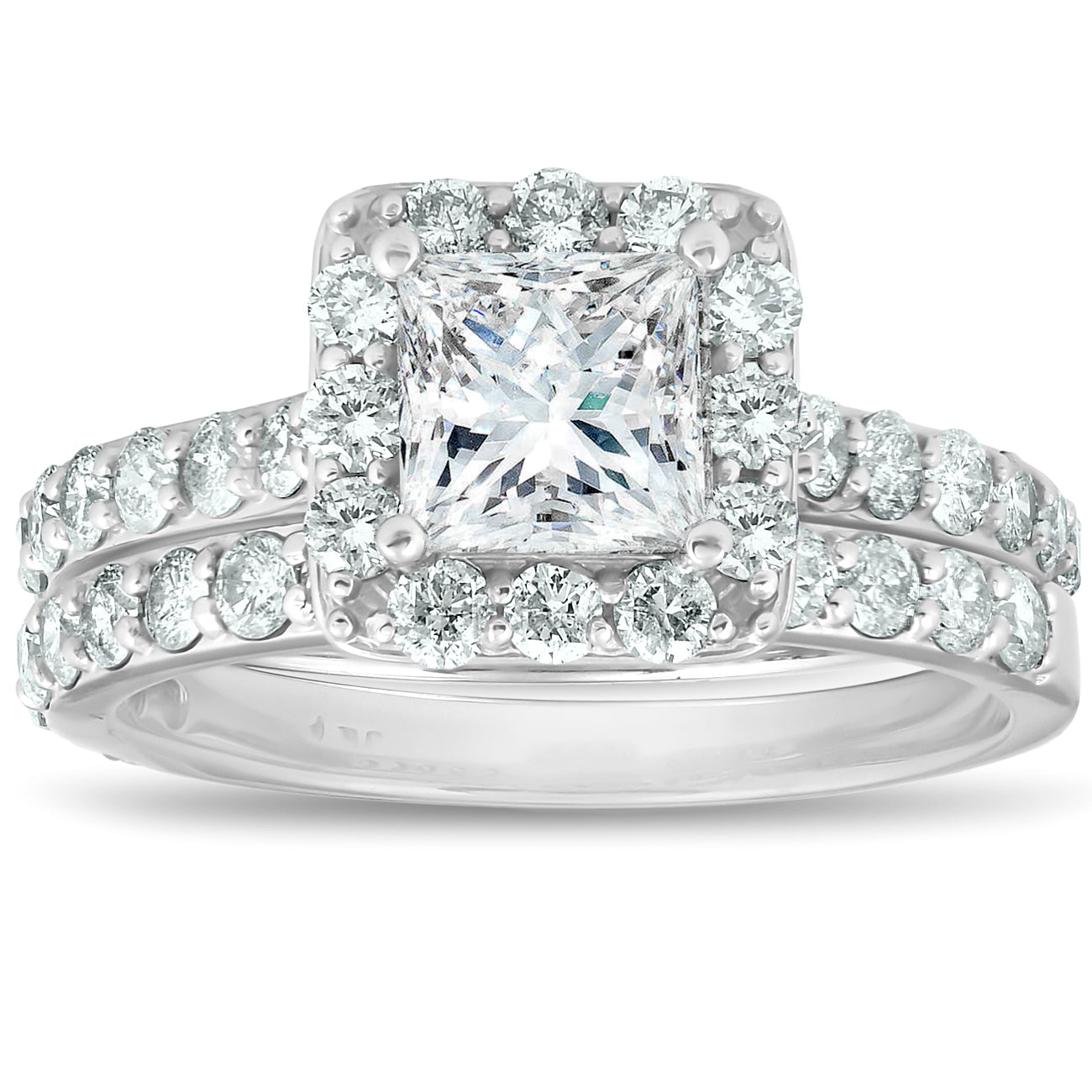 2 1/2 Ct Halo Princess Cut Diamond Engagement Wedding Ring Set 14k White Gold