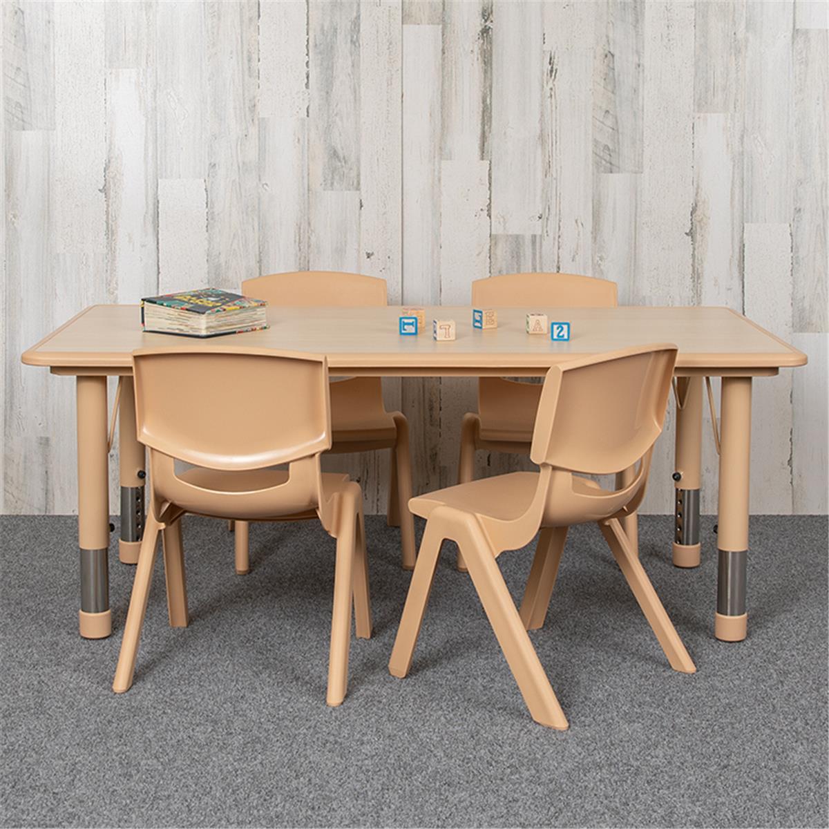 Flash Furniture  23.625 x 47.25 in. Rectangular Plastic Height Adjustable Activity Table Set with 4 Chairs, Natural Color