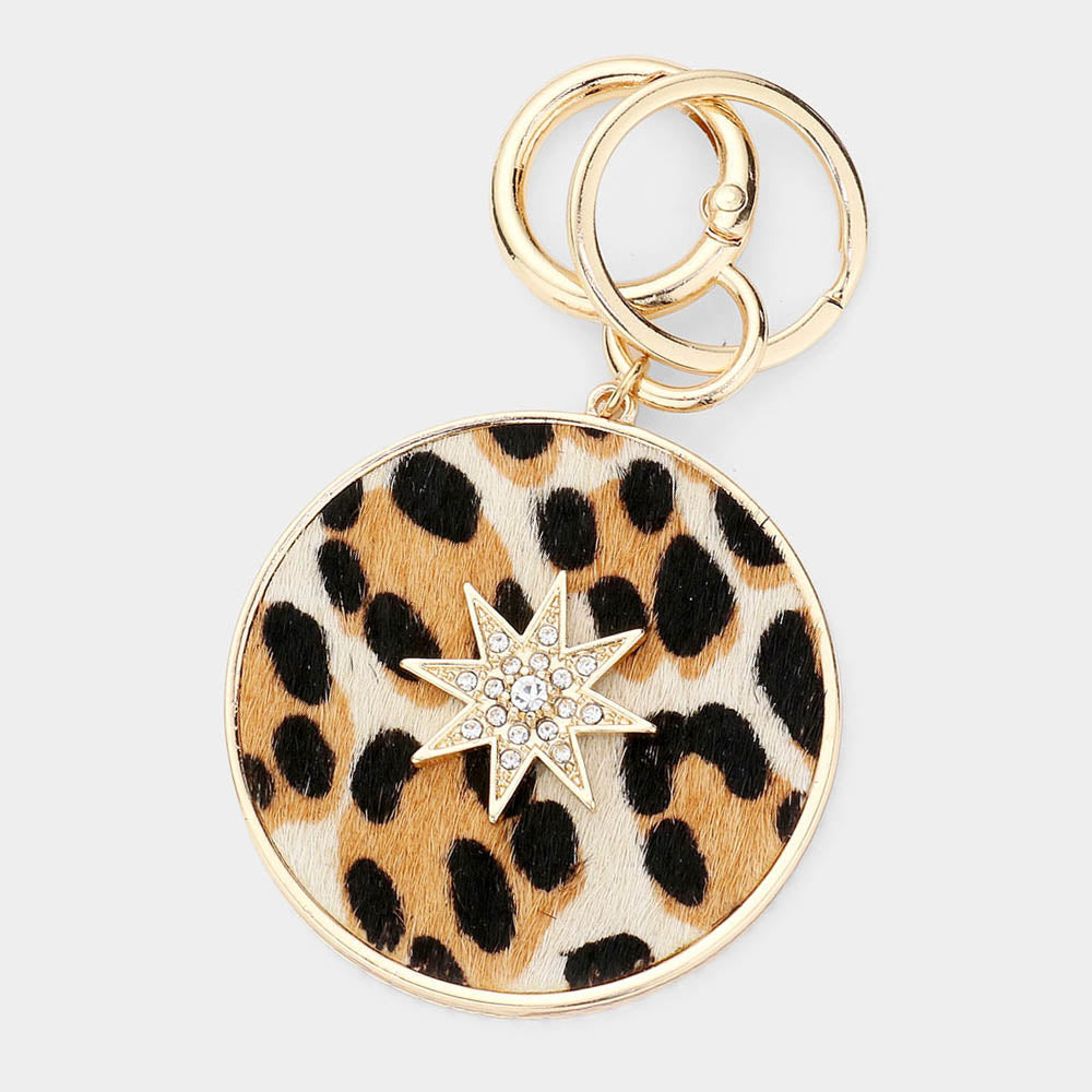 Leopard Patterned Genuine Leather Calf Round Keychain