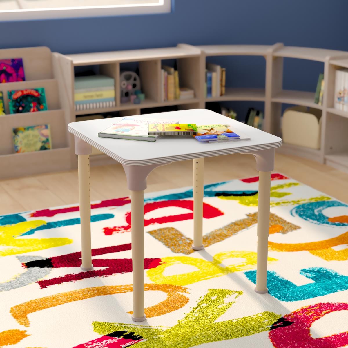 Flash Furniture  24 in. Bright Beginnings Square Commercial Grade Wooden Adjustable Height Classroom Activity Table - Metal Legs Adjust From 15-23 in. Beech & White