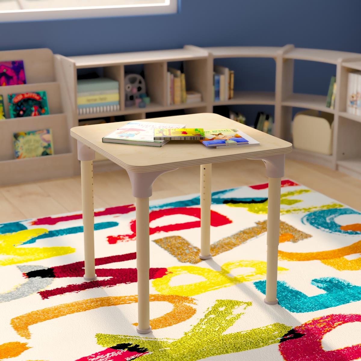 Flash Furniture  24 in. Bright Beginnings Square Commercial Grade Wooden Adjustable Height Classroom Activity Table - Metal Legs Adjust From 15-23 in., Beech