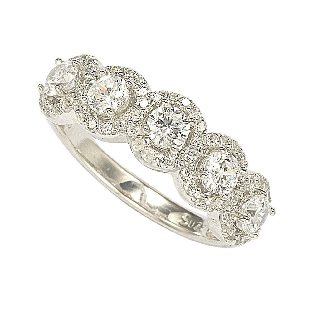 Suzy Levian Sterling Silver Cubic Zirconia 5-Stone Halo Ring -