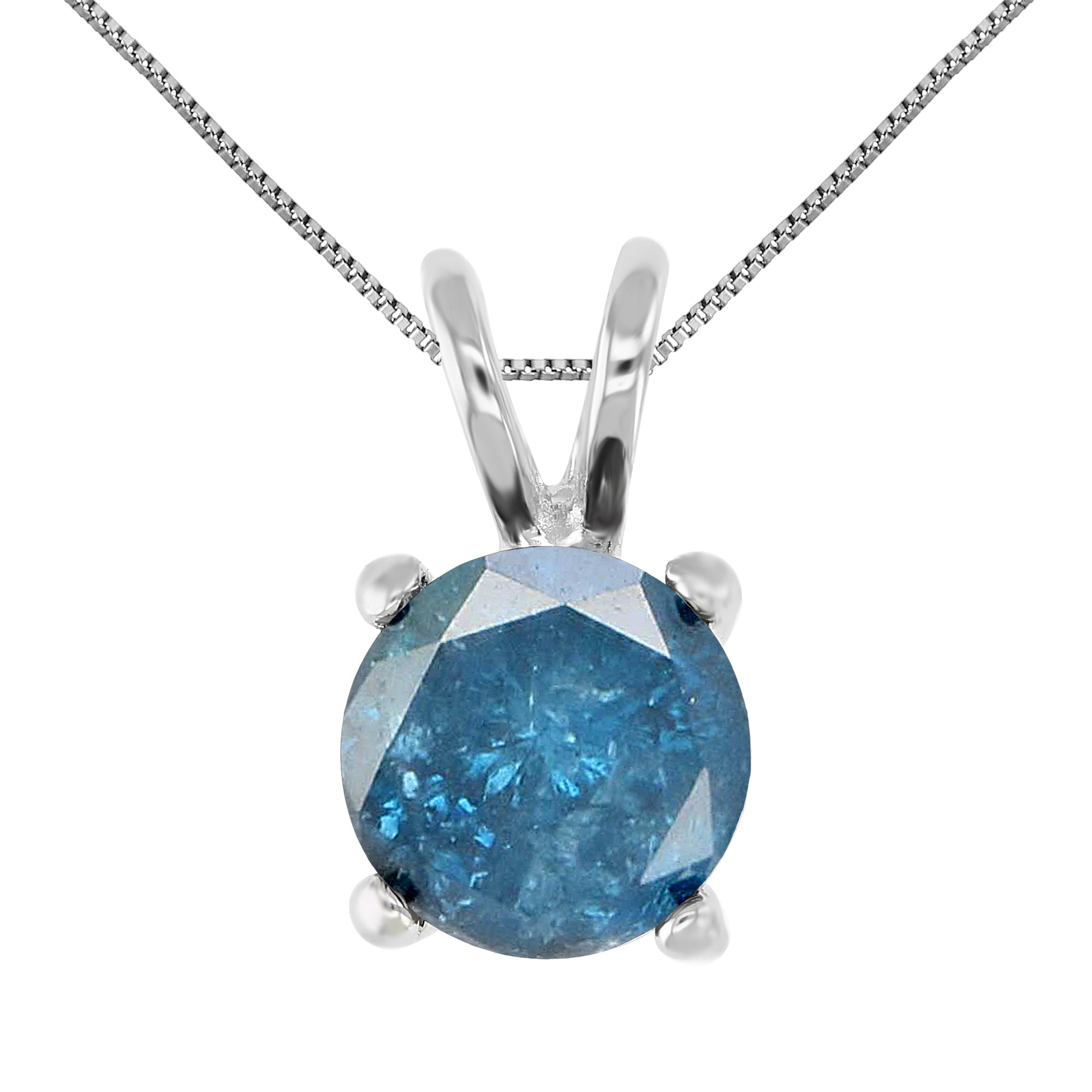 1 cttw Blue Diamond Solitaire Pendant Necklace 14K White Gold Round with Chain