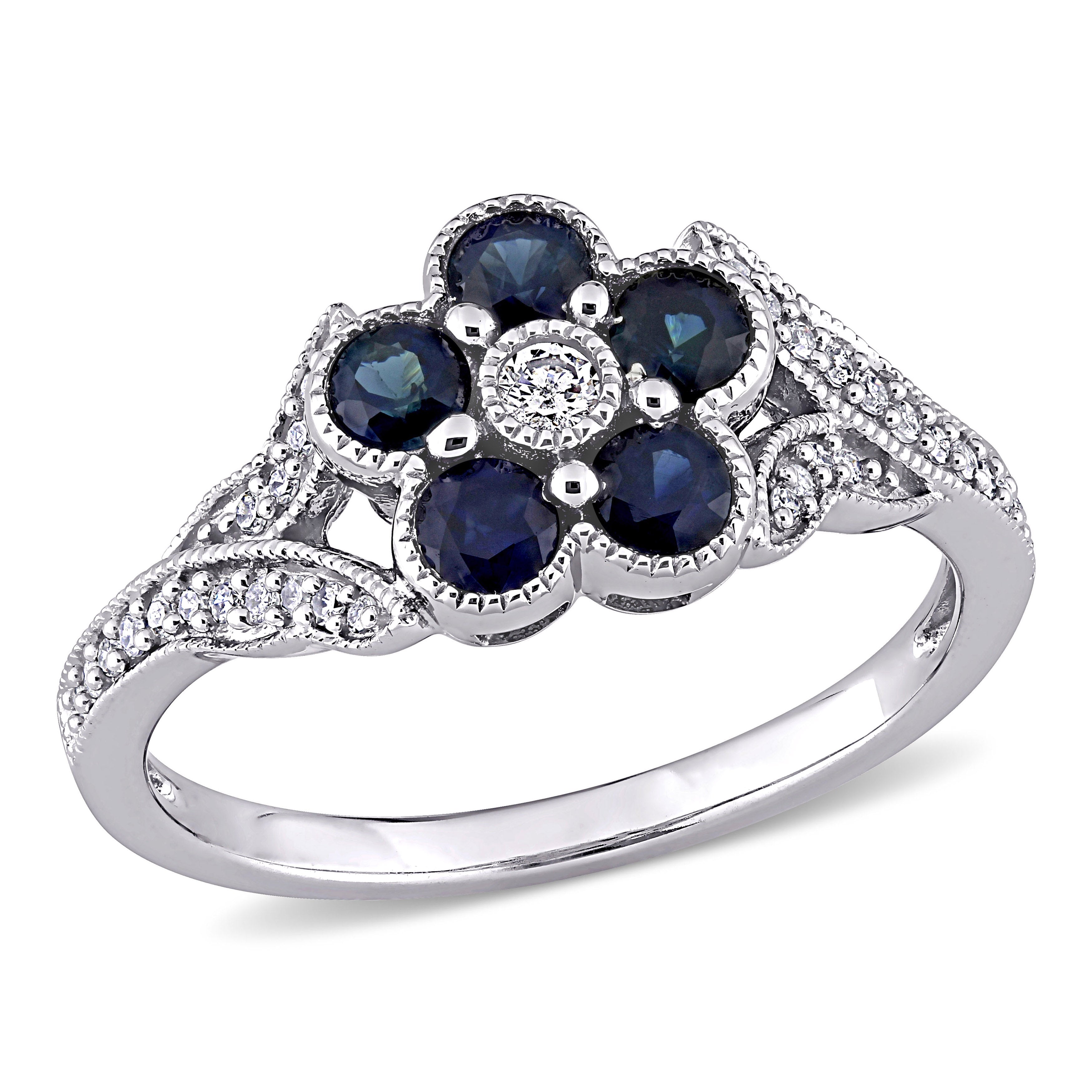 3/4 CT TGW Blue Sapphire and 1/6 CT TW Diamond Floral Engagement Ring in 10K White Gold