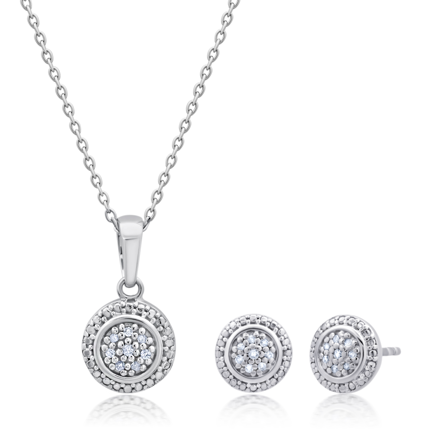 Genuine Diamond Round Pendant Necklace and Stud Earring Set in Sterling Silver, 18"