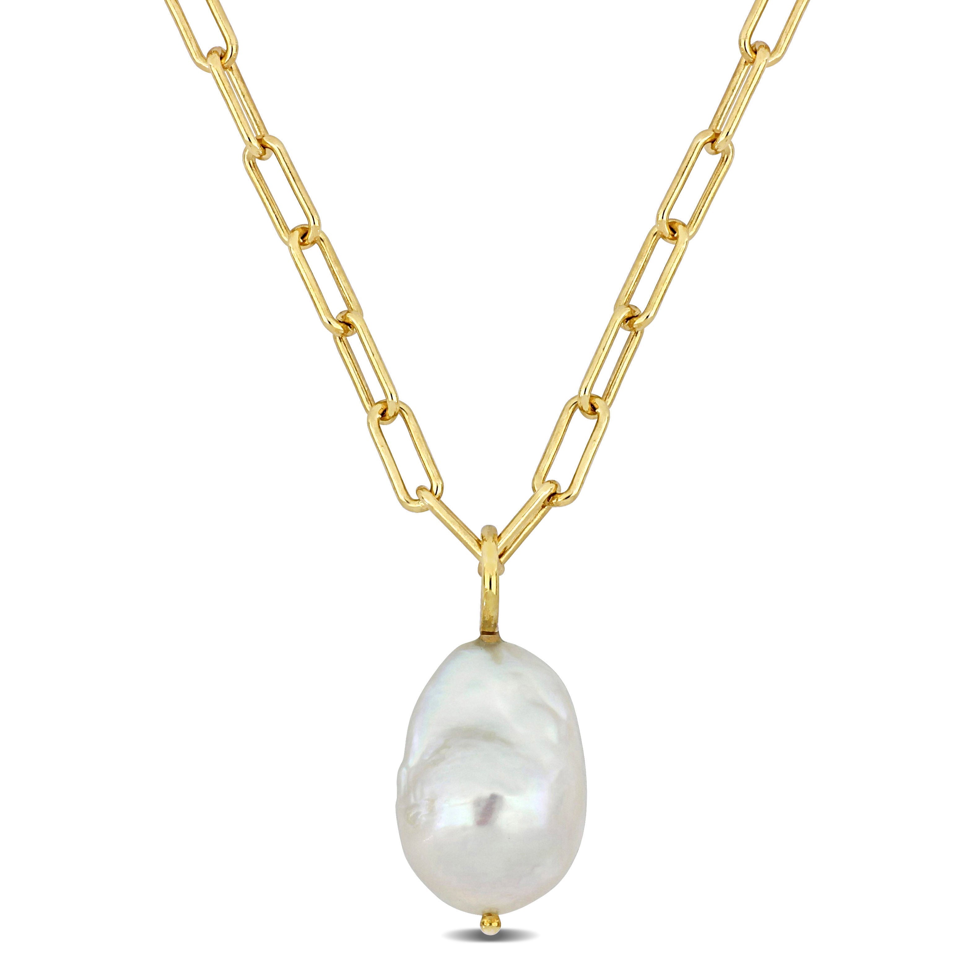 13-14 MM Natural Shape Cultured Freshwater Pearl and 3.5 MM Oval Link Necklace in 18k Gold Plated Sterling Silver (18 Inches)