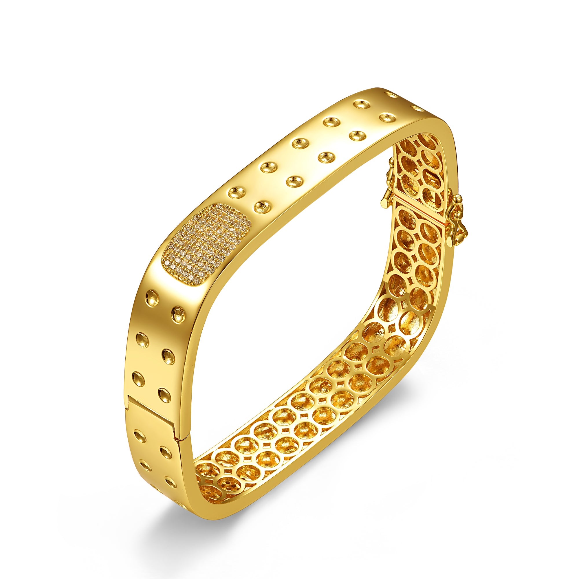 Rg 14k Gold Plated with Diamond Cubic Zirconia Textured Geometric Square Bangle Bracelet
