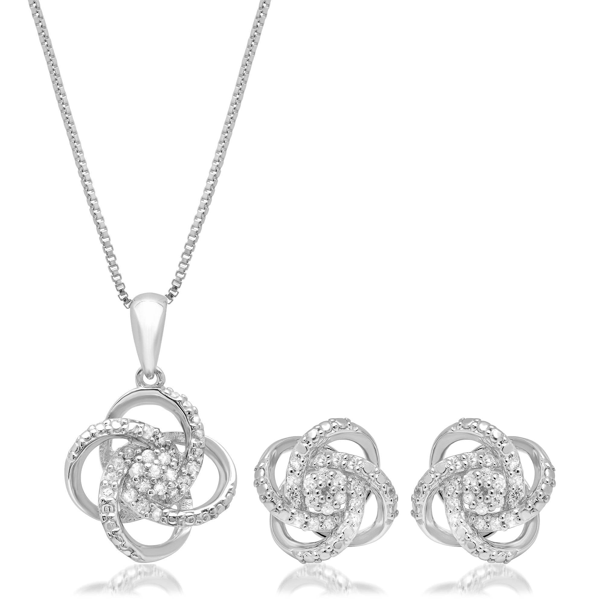 1/4 CT.TW. Genuine Diamond Love Knot Gift Boxed Set in Sterling Silver with 18 Box Chain