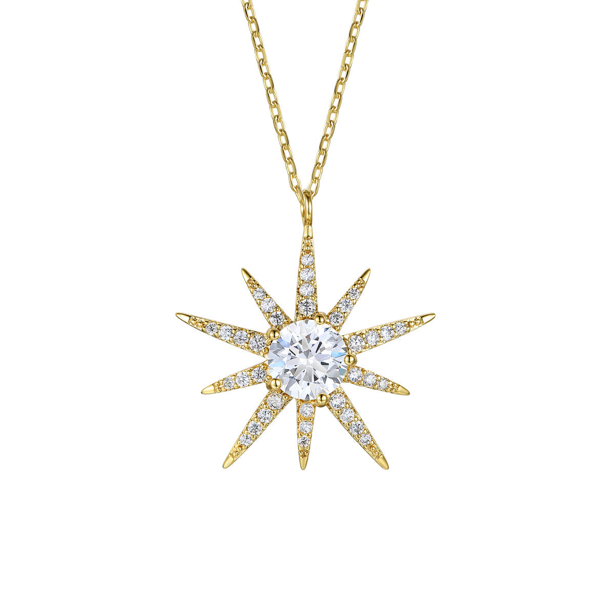 Rg 14k Gold Plated with Diamond Cubic Zirconia 10-Point Starburst Pendant Necklace