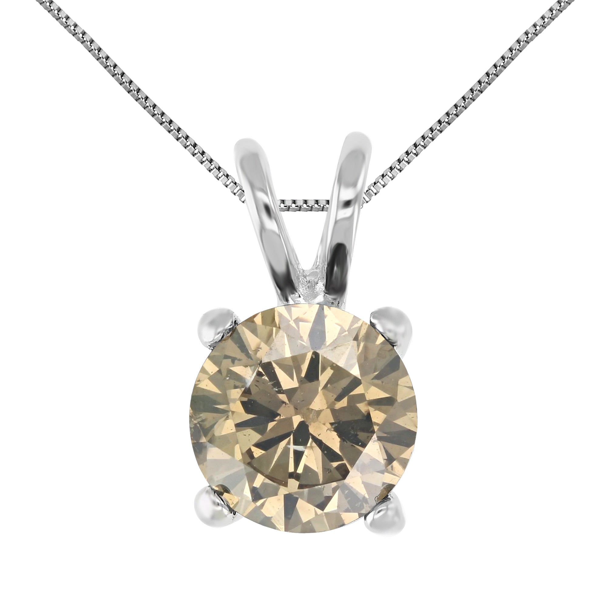 1 cttw Champagne Diamond Solitaire Pendant 14K White Gold Round with Chain