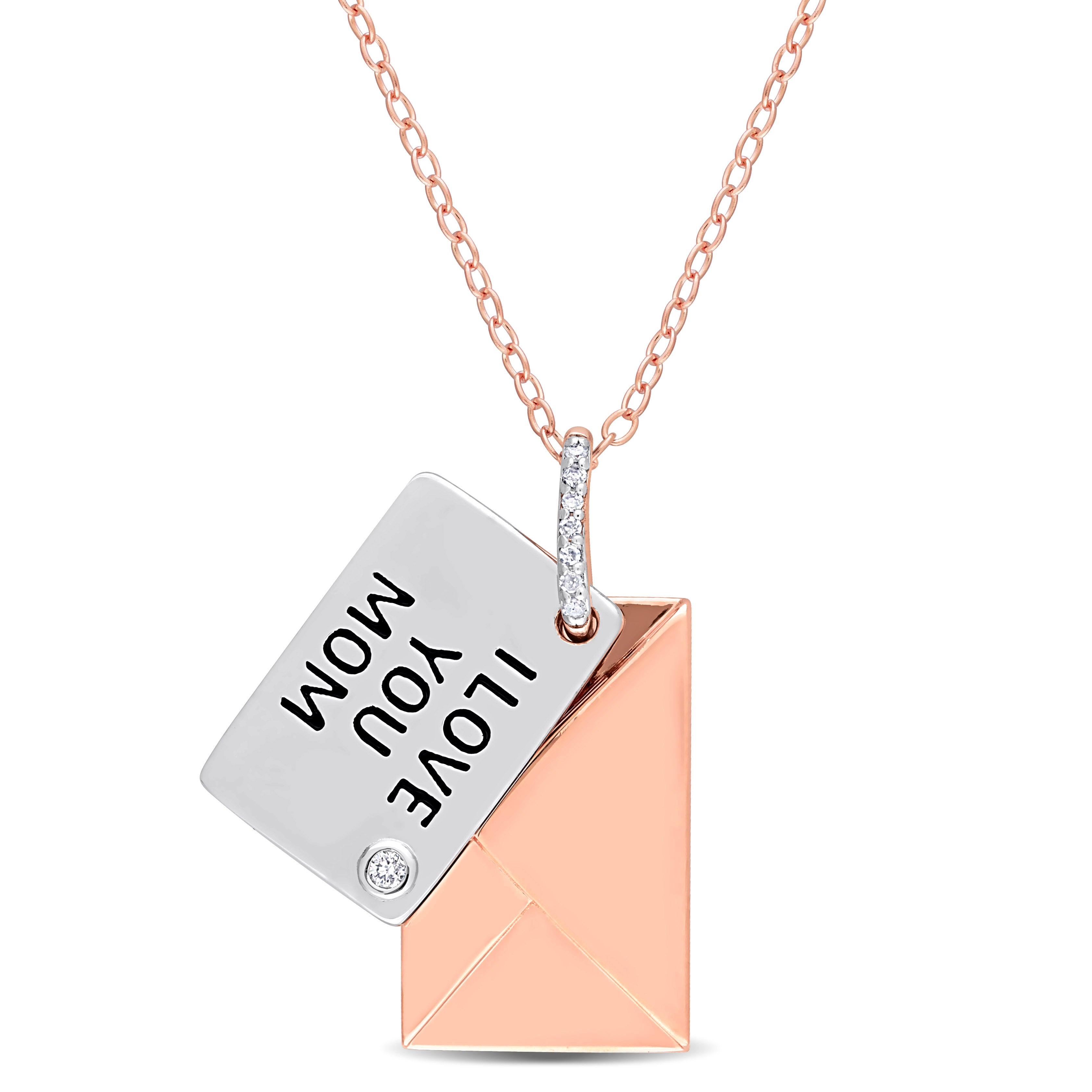 Diamond Accent Letter Envelope "I Love You" Pendant with Chain in Rose Plated Sterling Silver