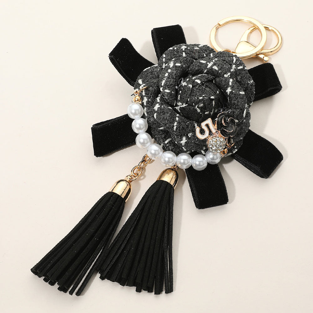 Number Five Pearl Accent Tweed Flower Bow Tassel Keychain / Bag Charm