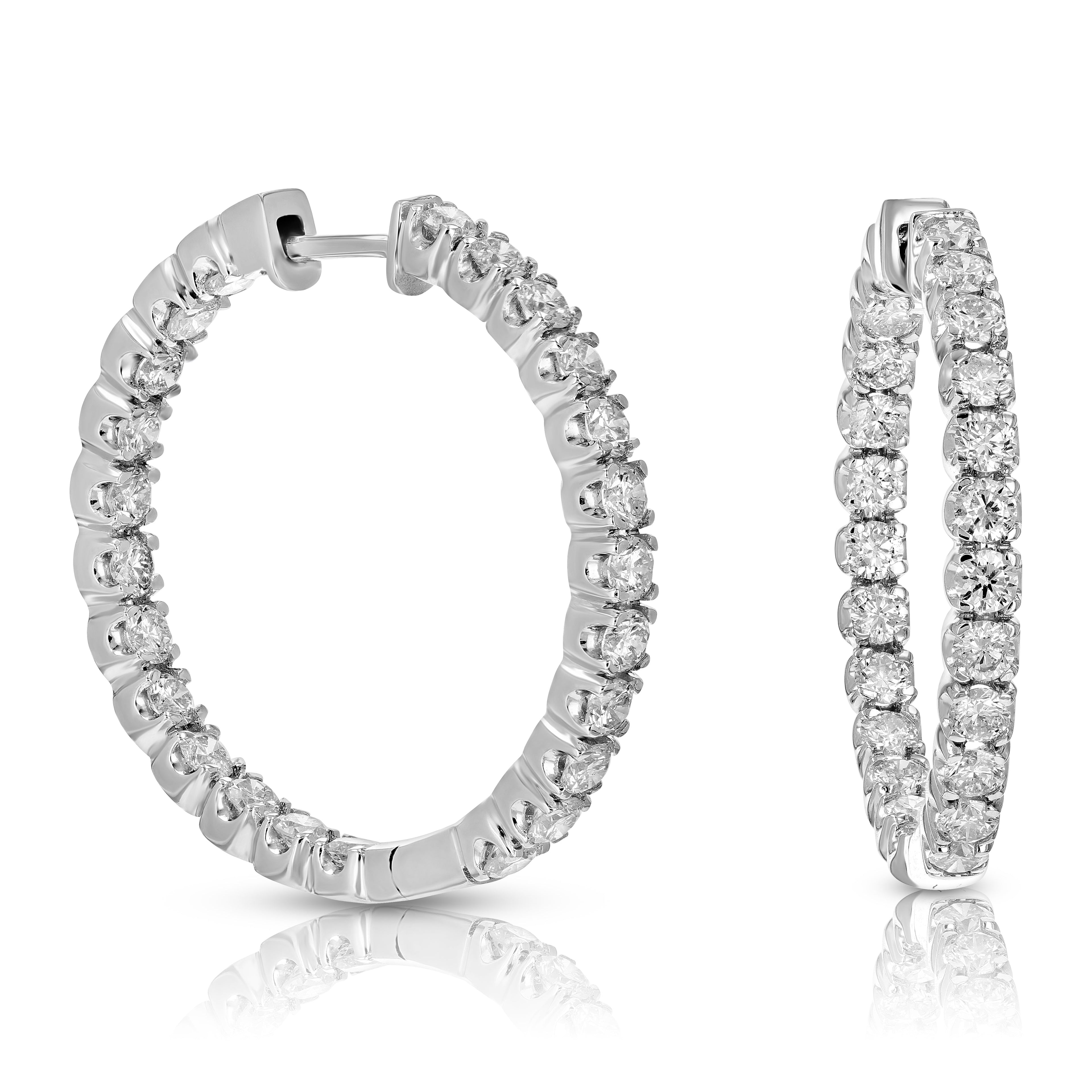 4 cttw Diamond Hoop Earrings 14K White Gold Round Prong Set 1.25 Inch