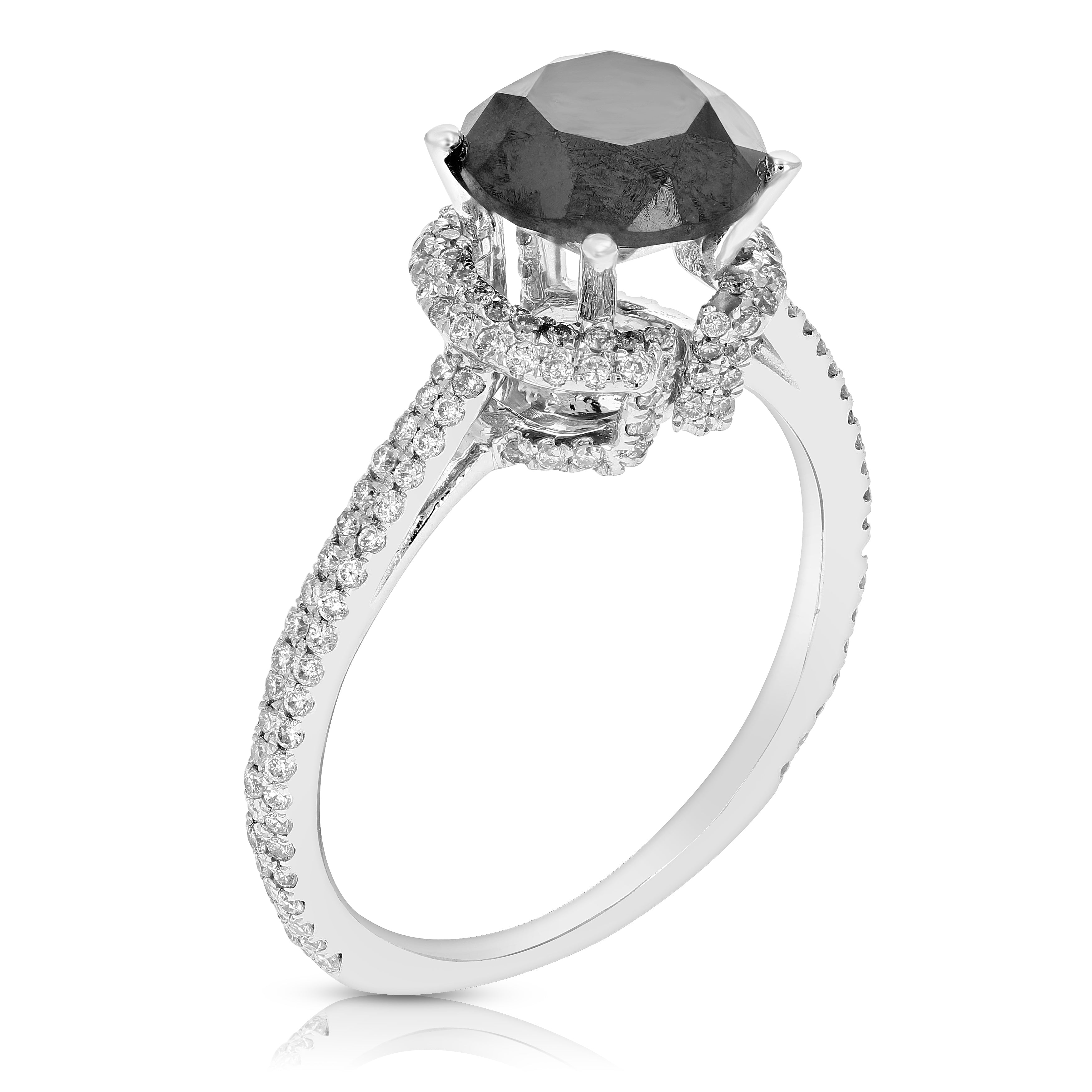2.80 cttw Black Diamond Engagement Ring 14K White Gold Bridal Wedding
