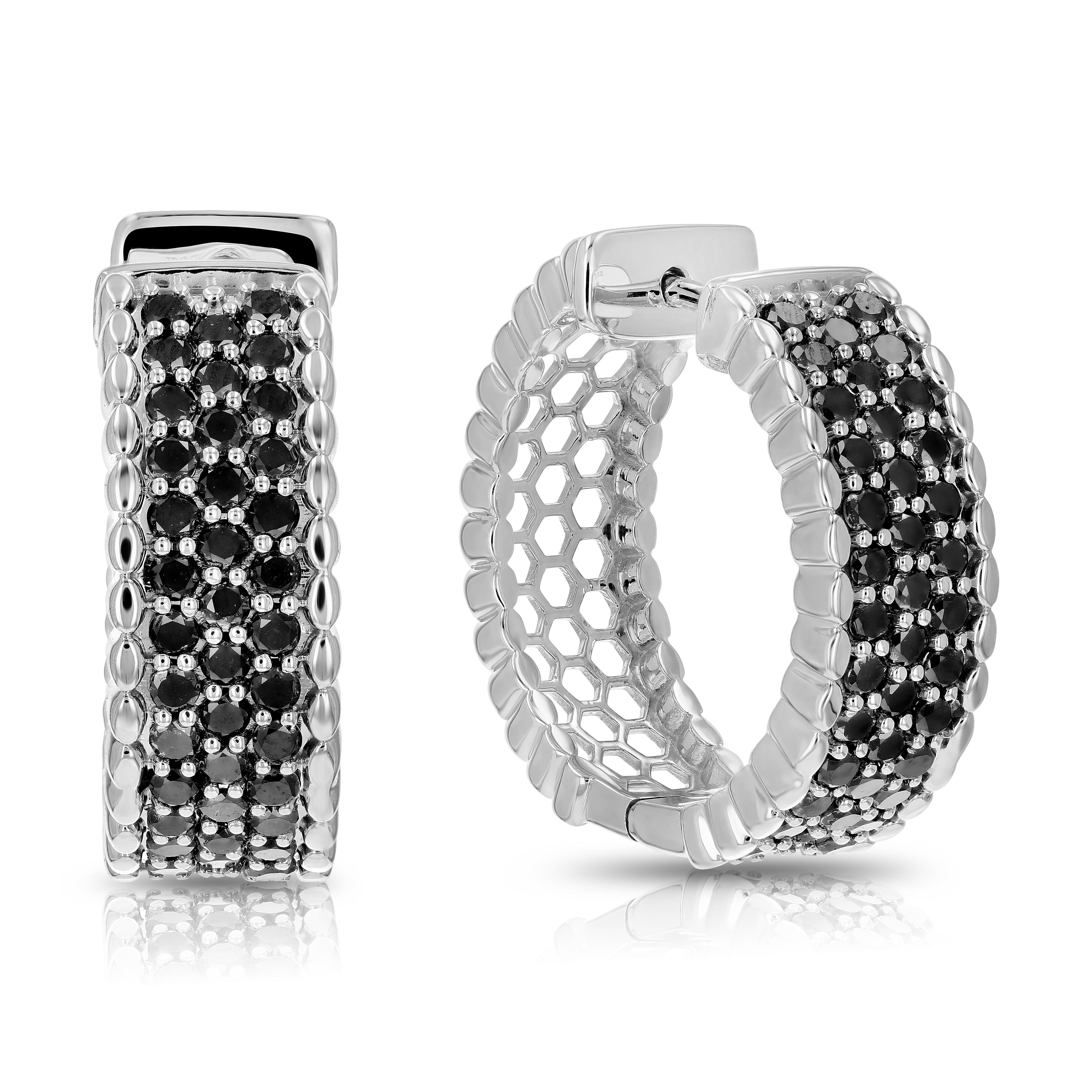 2 cttw Black Diamond Hoop Earrings .925 Sterling Silver 76 Stone Dangle 7/8 Inch