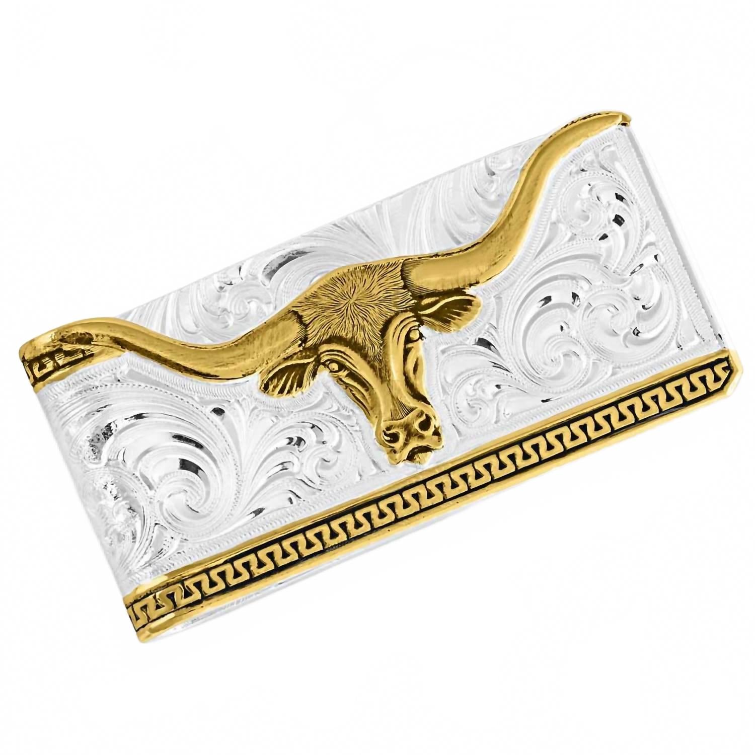 Two-Tone Carved Longhorn Money Clip In Silver And Gold